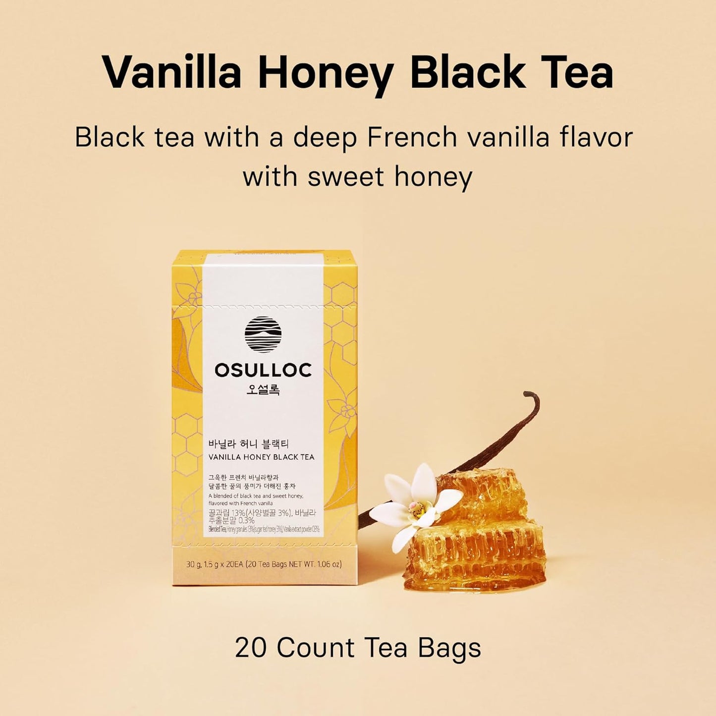 OSULLOC Vanilla Honey Black Tea (20 count, 1.05 oz), Black tea filled with Sweet Flavor of French Vanilla and Honey, Premium Blended Tea bags from Jeju Island