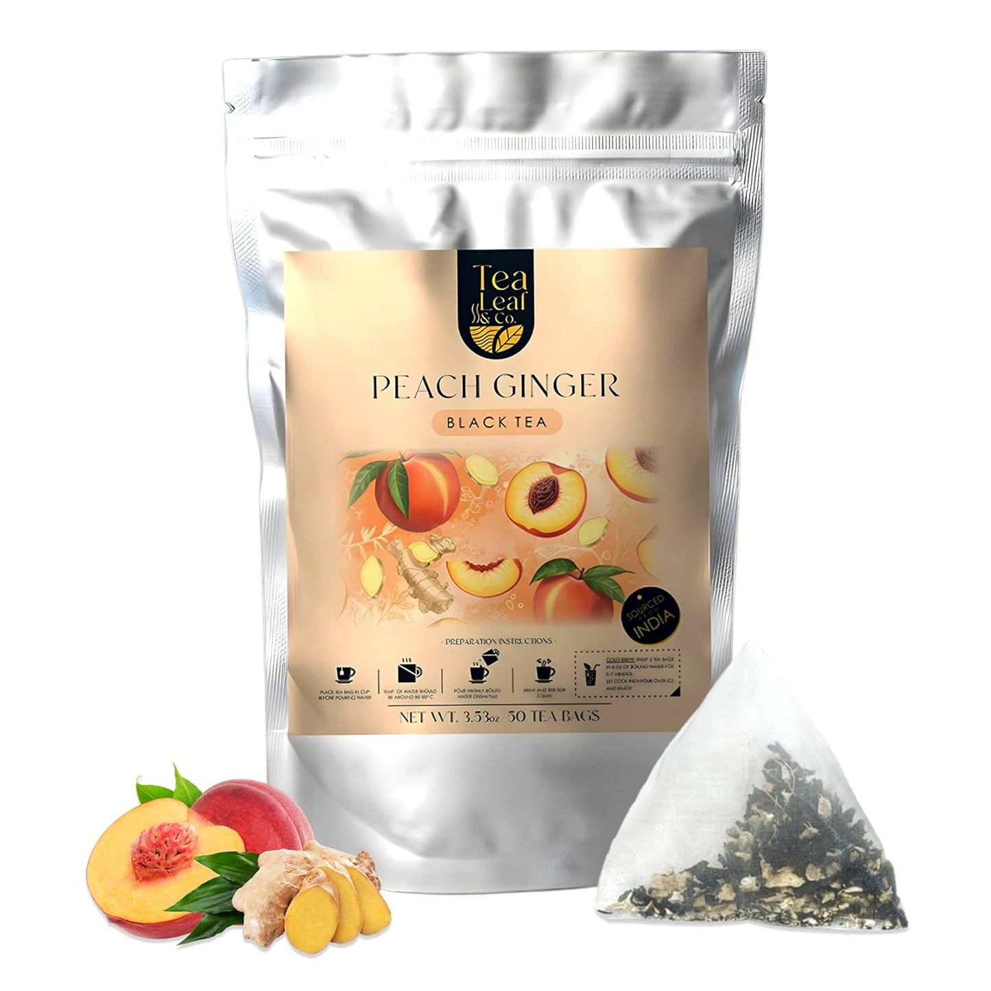 Tealeaf & Co. Peach Ginger Tea Blended with Organic Spices - Organic Black Tea Bags with Ginger & Peach Flavor - Flavored Blend with Low Caffeine - Gluten Free - 50 Teabags