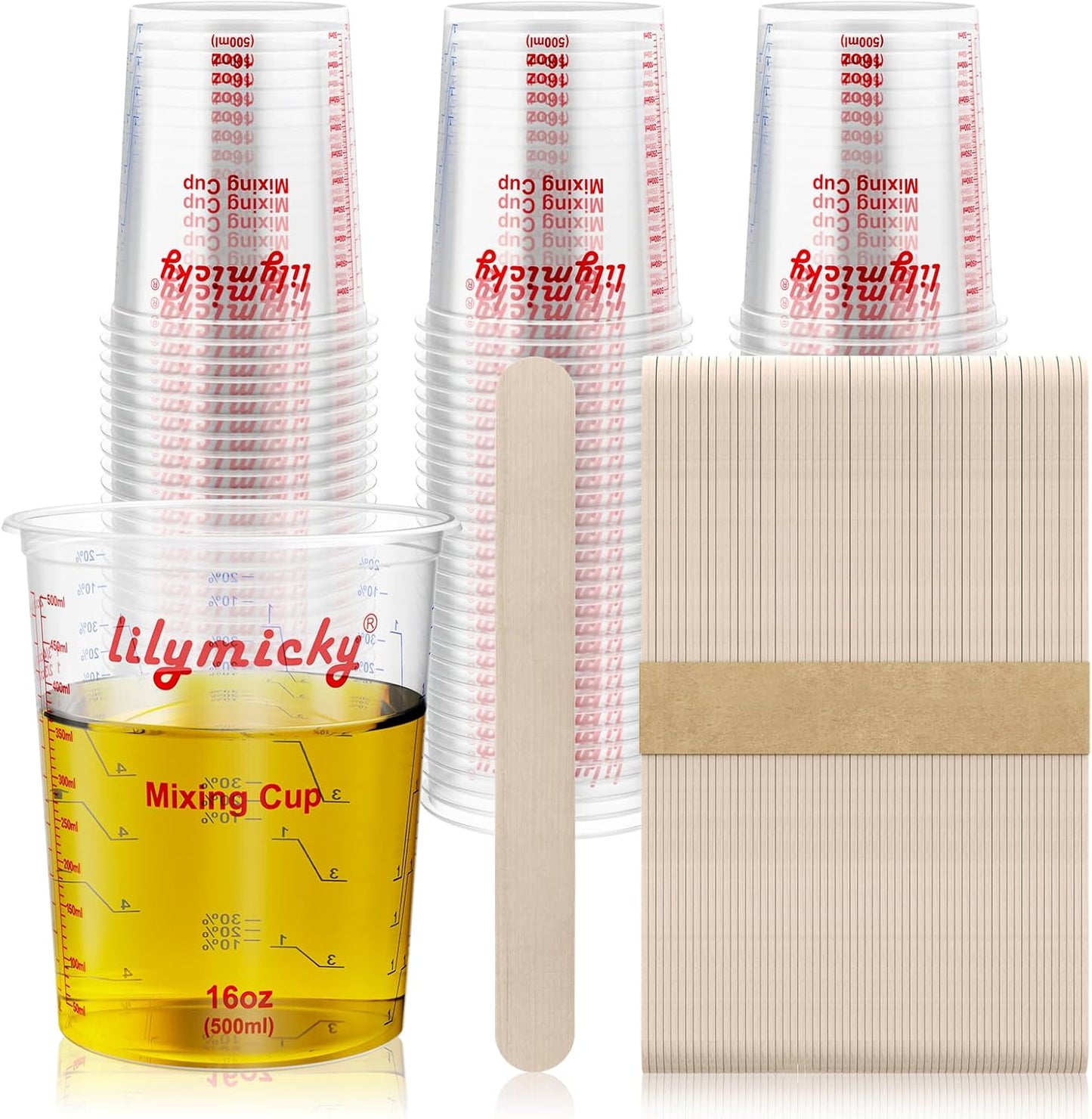16 oz Plastic Mixing Cups, 50 Pack 16 oz (500ml) Disposable Measuring Cups with 50 Wooden Mixing Sticks, Can Be Used for Epoxy Resin, Liquid Measuring, Paint, Cooking and Baking