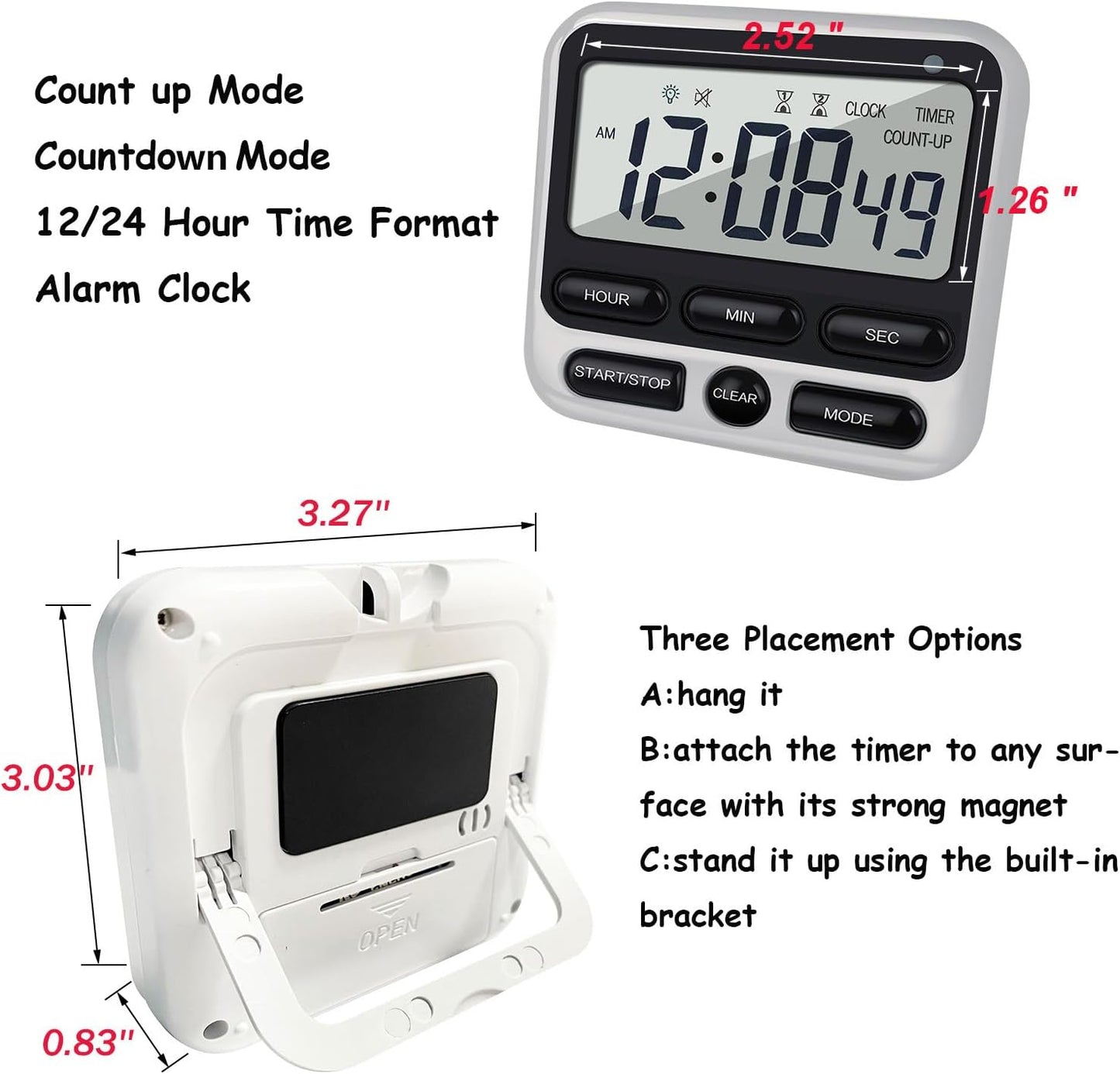 Digital Dual Kitchen Timer with Strong Magnet,24-Hour Countdown & Stopwatch,Loud Alarm,12/24 Hour Clock Switch,Calendar,Visual Indicator Light,Mute Option,3 Placement Options (Batteries Included)