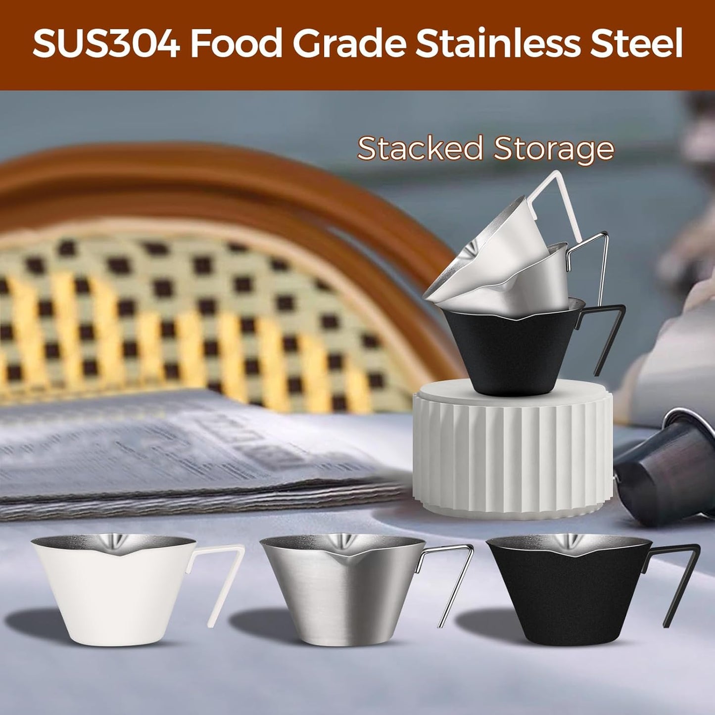 2Pcs Stainless Steel Espresso Cup, Double Spout Metal Espresso Measuring Cup with Handle, 3.4oz/100ml V-Shaped Mouth with Dual Scale (Black+White)