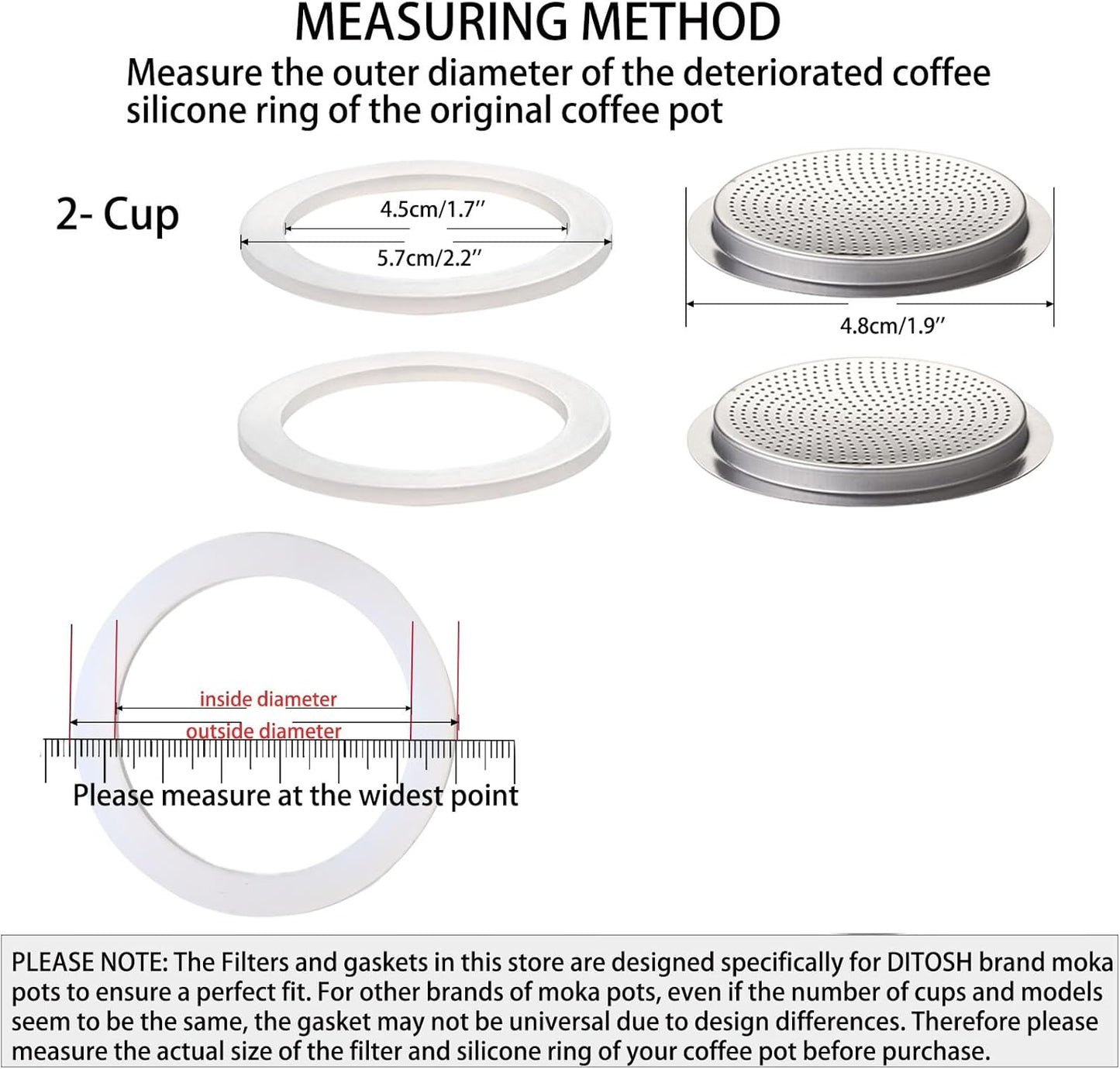 2 Pcs Filter with 3 Pcs Silicone Gasket Seals for 2 Cup Stovetop Espresso Coffee Maker Replacement Parts for DITOSH Aluminium Moka Pot