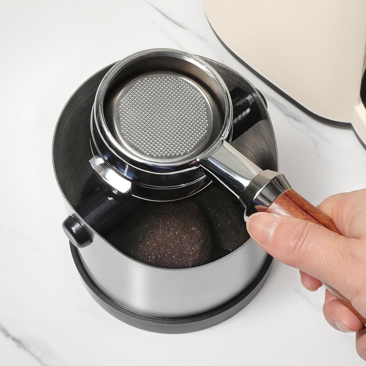 Coffee Grounds Knock Box, Small Stainless Steel Espresso Coffee Knock Box, Coffee Grind Knock Out Box with Removable Knock Bar and Coffee Brush, Coffee Grounds Container with Non-Slip Base