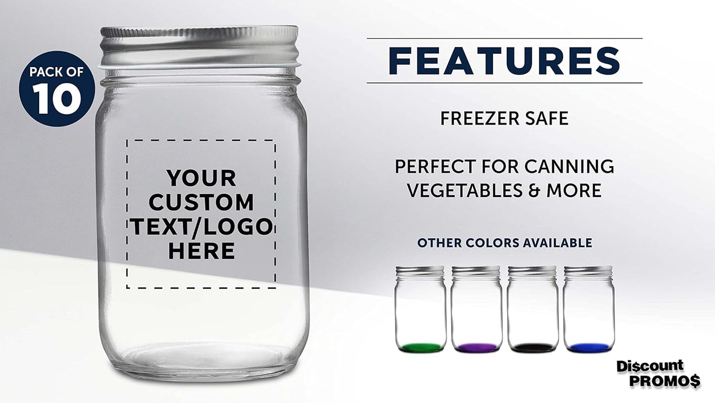 DISCOUNT PROMOS 10 Decorating Mason Jars Set, 12 oz. - Customizable Text, Logo - Canning, Aluminum Lid - Clear