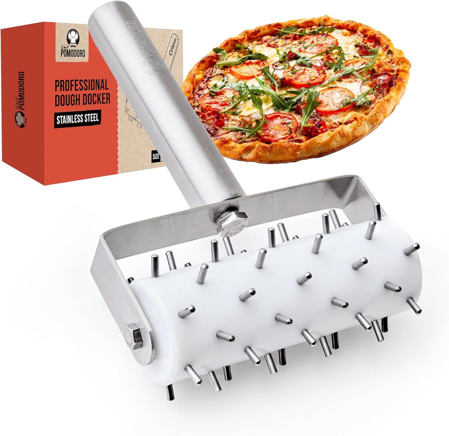 Chef Pomodoro Stainless Steel Pizza Dough Docker Roller (21 x 14.5 cm, Spike Length 7 mm) - Essential Kitchen Tool for Crackers Chef Pomodoro Stainless Steel Pizza Dough Roller