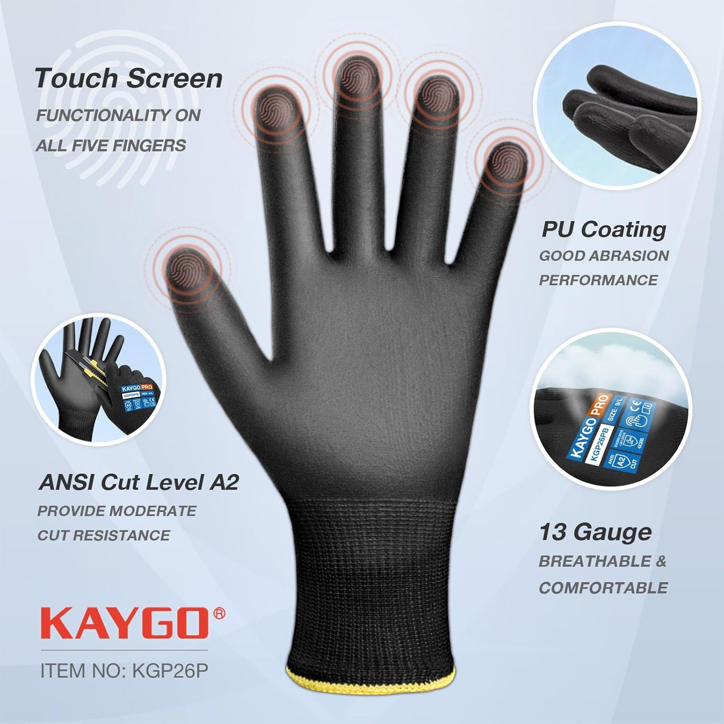 KAYGO Cut Resistant Gloves PU Coated, 12 Pairs Safety Work Gloves with full fingers Touchscreen for Men and Women, ANSI Cut Level A2, Ideal for General Duty Work KG11P, Black,L