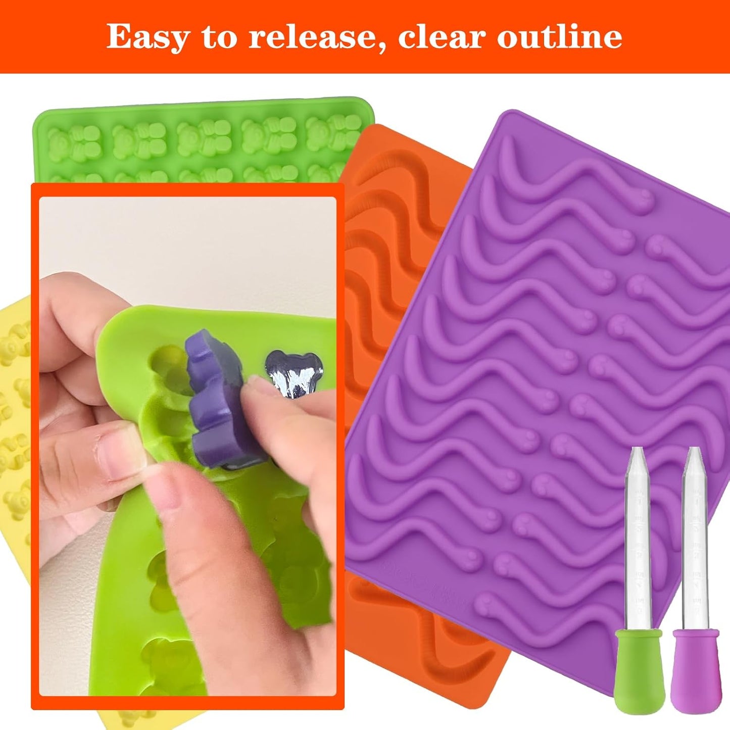 Gummy Bear and Worm Mold Silicone, No Stick Chocolate Candy Gummy Molds,Pack of 4 with 2 Droppers,SAGOOITS Large Gummy Bear Molds Candy Molds
