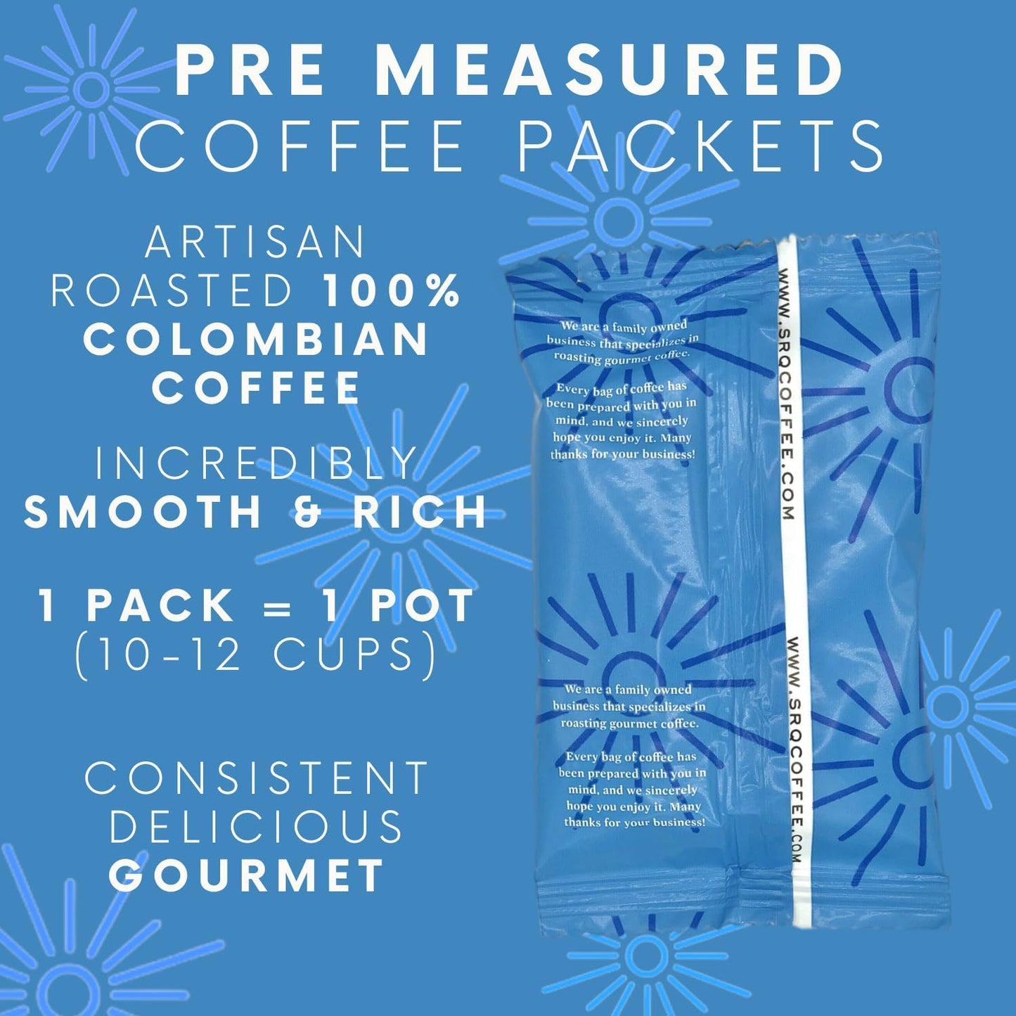 Sarasota Coffee Ground Packets | Gourmet Colombian Medium Roast Ground Coffee Packs | Columbian | Low Acid Mold Free Individual Single Pot Pouches for 12 Cup Coffee Maker | 2 Ounce Bags, 12 Count