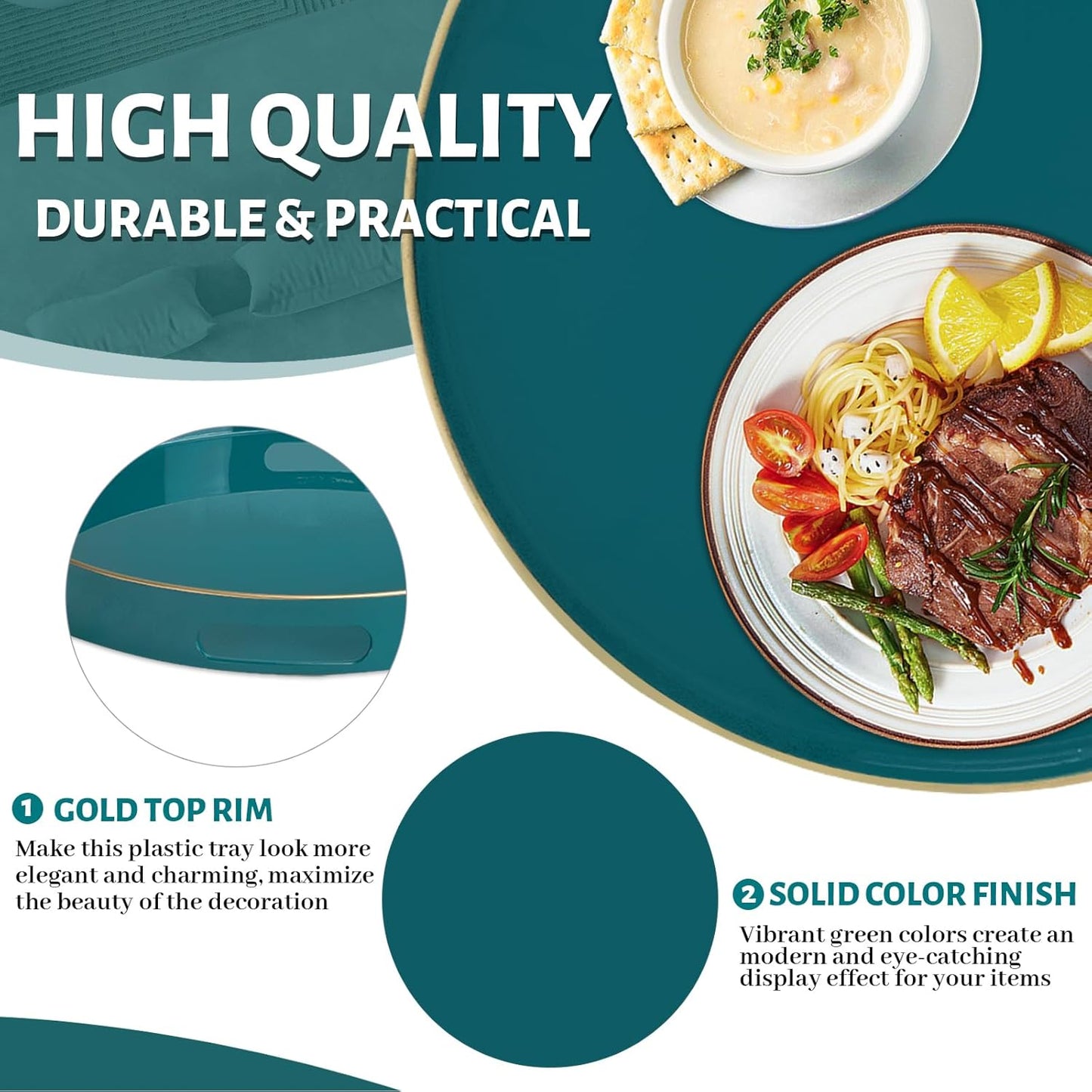 MAONAME 13" Round Tray, Teal Serving Trays with Handles, Modern Decorative Trays for Coffee Table, Plastic Ottoman Tray for Ottoman, Bathroom, Decor