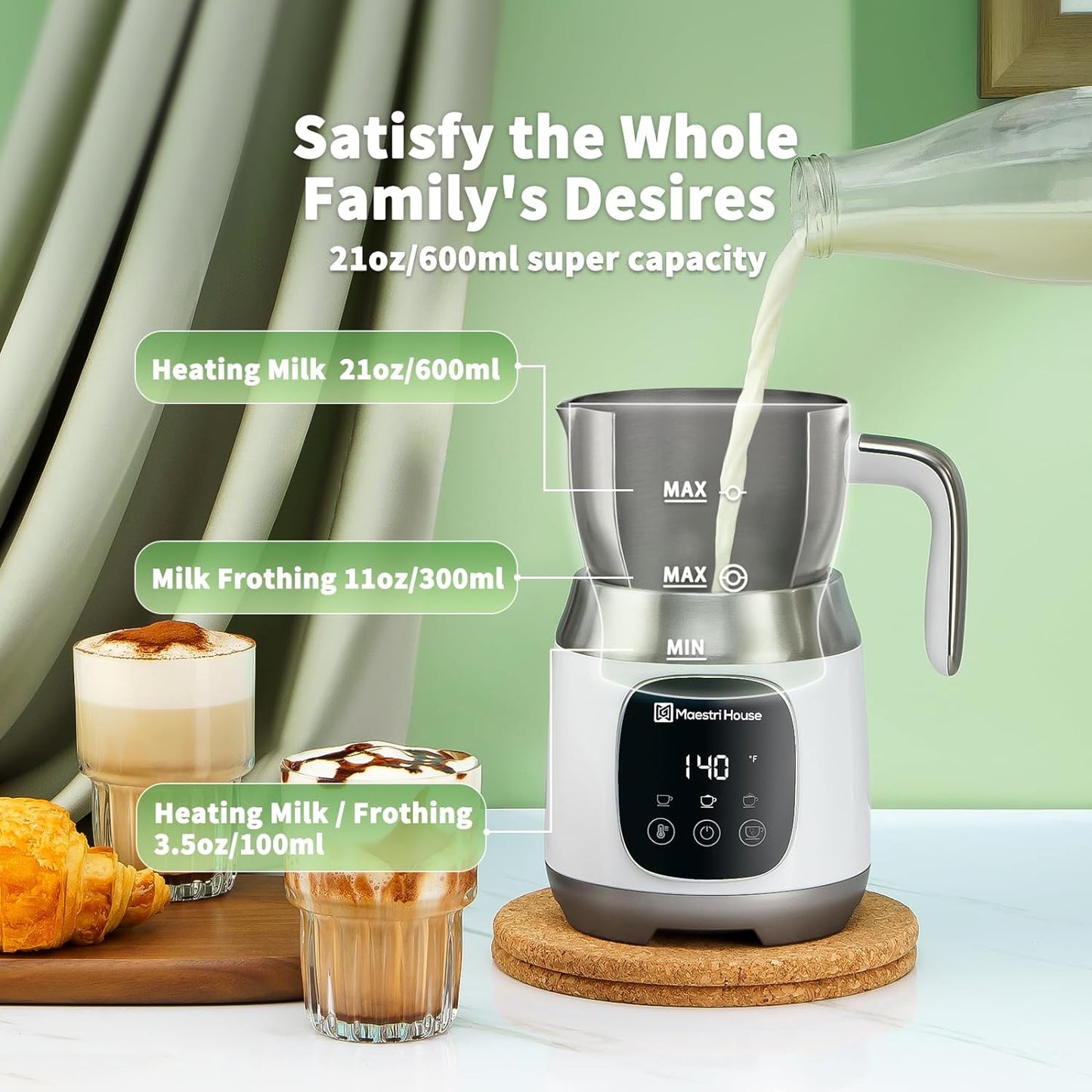 Maestri House Milk Frother, Variable Temp and Froth Thickness DualFro 600 Milk Frother Steamer, 21OZ Smart Touch Control Milk Warmer, Dishwasher Safe, Memory Function for Latte&Hot Chocolate (White)