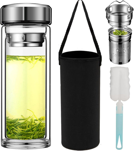 Tea Tumbler with Infuser, 20oz Double Wall Borosilicate Glass Tea Bottle, 100% Leak-Proof with Stainless Steel Filter