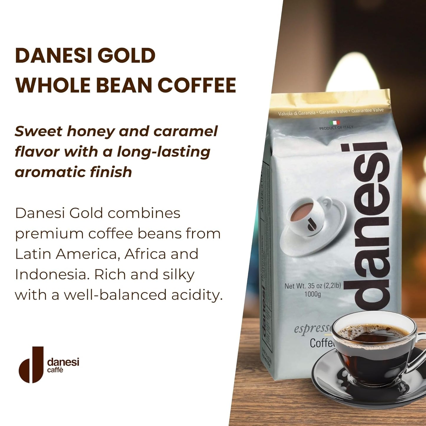 Danesi Caffe Italian Whole Coffee Beans - Espresso Coffee Beans and Medium Roast Whole Bean - Perfect for Espresso Machines, French Press, and Home Brewing - Gold (6.6 lb)