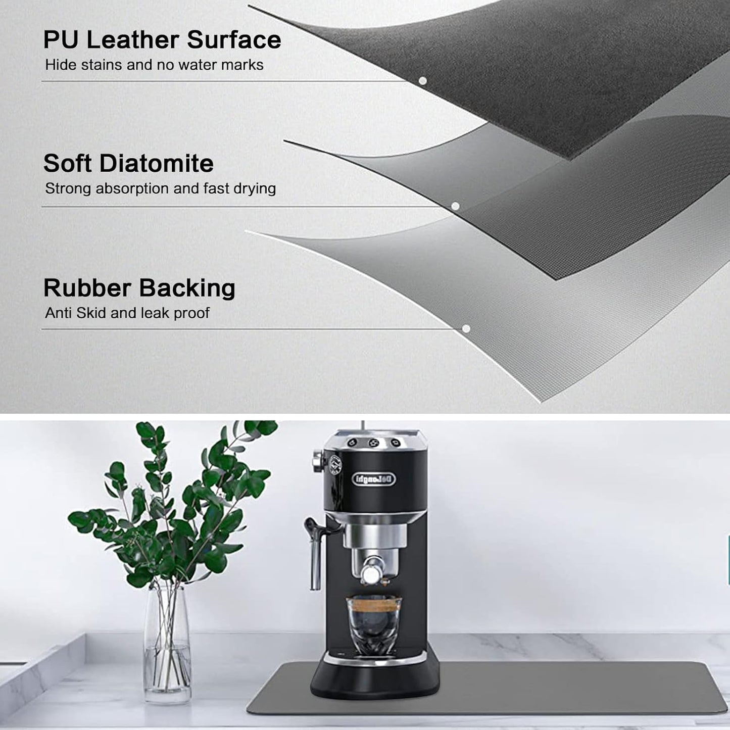 Gray Dish Drying Mat 16''x24'', Absorbent Anti Spill Bar Mat for Kitchen Counter, Fits Under Coffee Maker & Espresso Machine