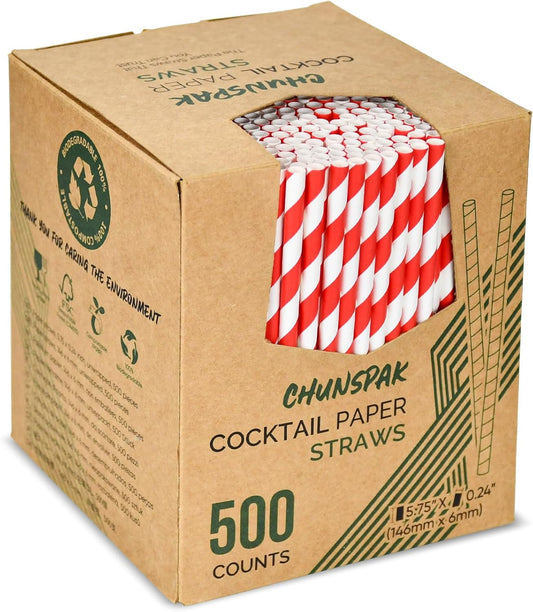 [500 Counts] Chunspak 5.75 inch Disposable Red White Striped Small Paper Straws for Cocktail, Coffee and Short Drinks - Eco-friendly