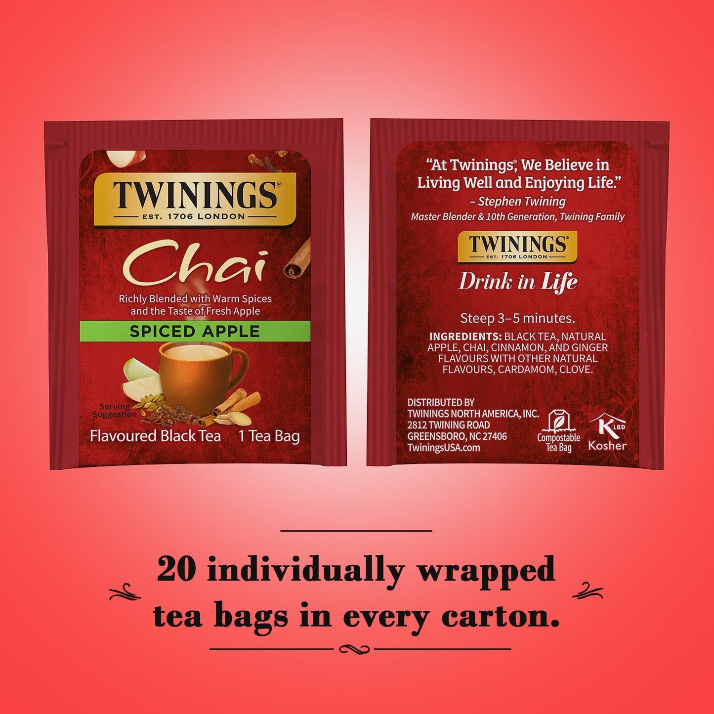 Twinings Spiced Apple Chai Black Tea Individually Wrapped Bags, 20 Count (Pack of 1), Sweet, Savoury Spices, Caffeinated, Enjoy Hot or Iced, 20 Teabags