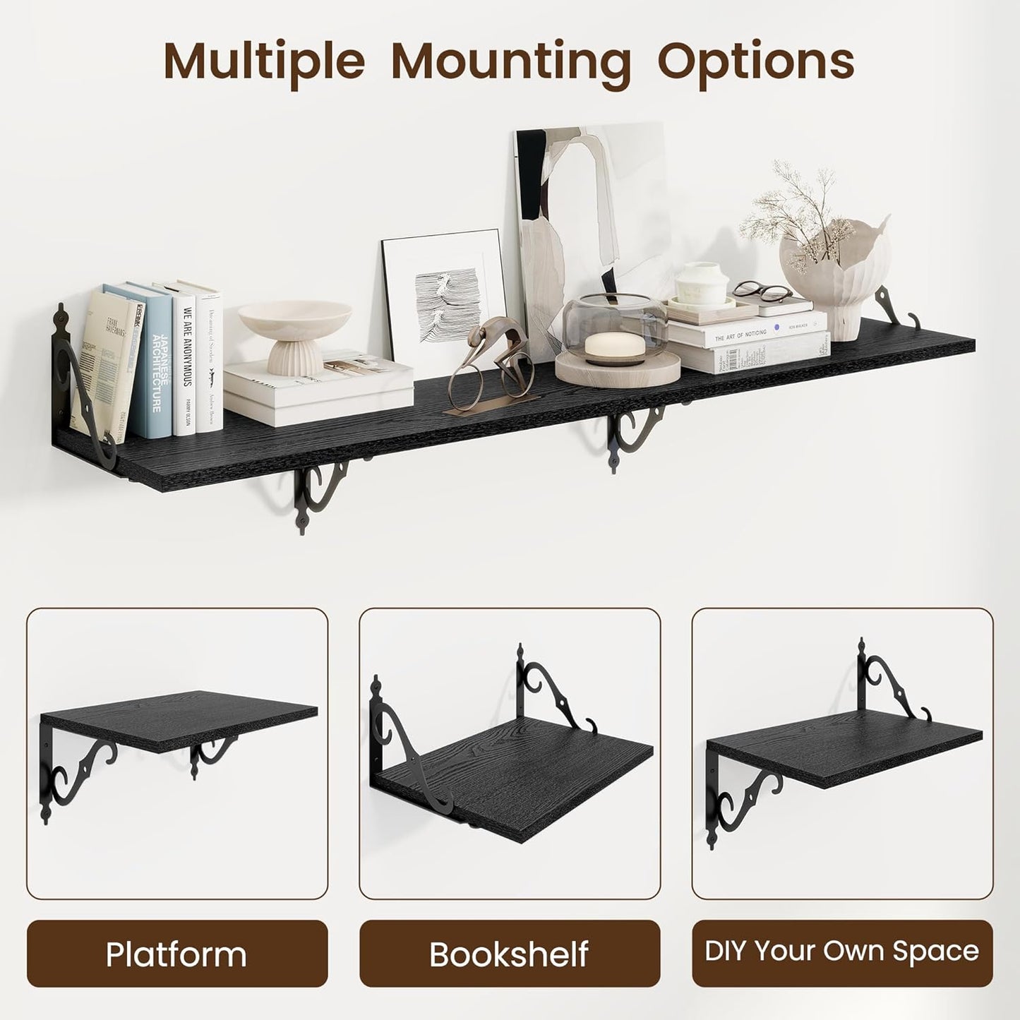 RICHFOCUS 12 Inch Deep Floating Shelves for Wall, 16" W x 12" D Black Wood Wall Shelves Set of 2, Wide Floating Shelves for Living Room, Bedroom, Kitchen, Bathroom and Decor Storage, Black