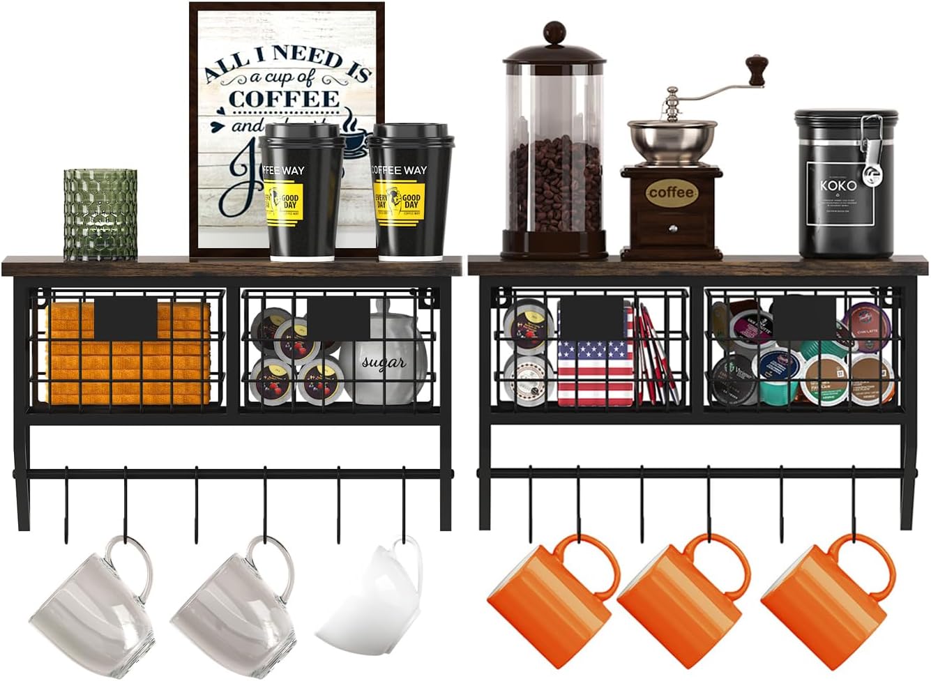 Helsin Industrial Wall Mounted Metal Wood Floating Shelves with Baskets Hooks Hanging Display Shelf Sundries Holder for Coffee Bar Kitchen Bathroom Organization and Home Decor, Black (16inch, 2 Sets)