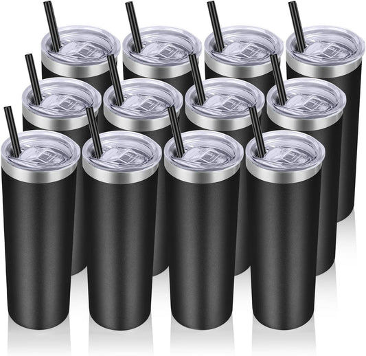 VEGOND Stainless Steel Tumblers Bulk 12 Pack, 20 oz Vacuum Insulated Skinny Tumblers with Lids and Straws, Double Wall Coffee Mug, Travel Water Cup, Black