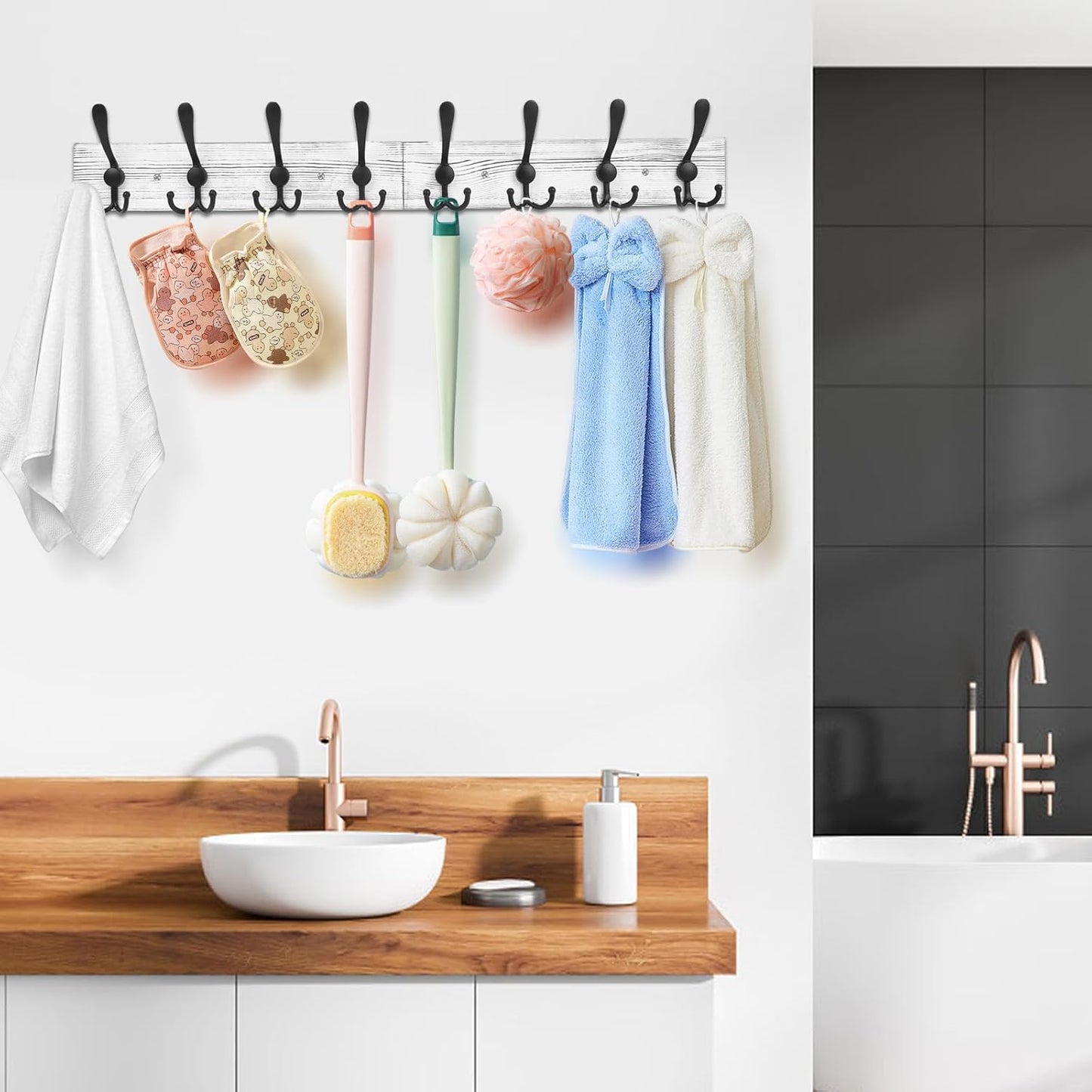 IBosins Wall Mounted Coat Rack, 31.4'' Long, Rustic Wood & Aluminum Coat Rack with 8 Black Tri-Hooks for Coat, Bag, Towel, Key, Hat, Umbrella