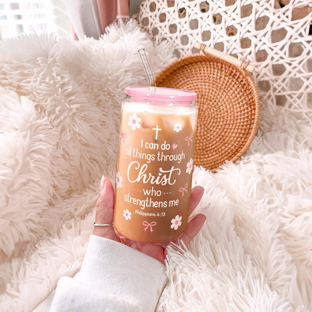 SANDJEST Christian Glass Can Tumbler 16oz, Inspirational Glass Cup with Lid & Straw, Iced Coffee Aesthetic Cups for Women Girls, Gifts Idea for Christmas Birthday