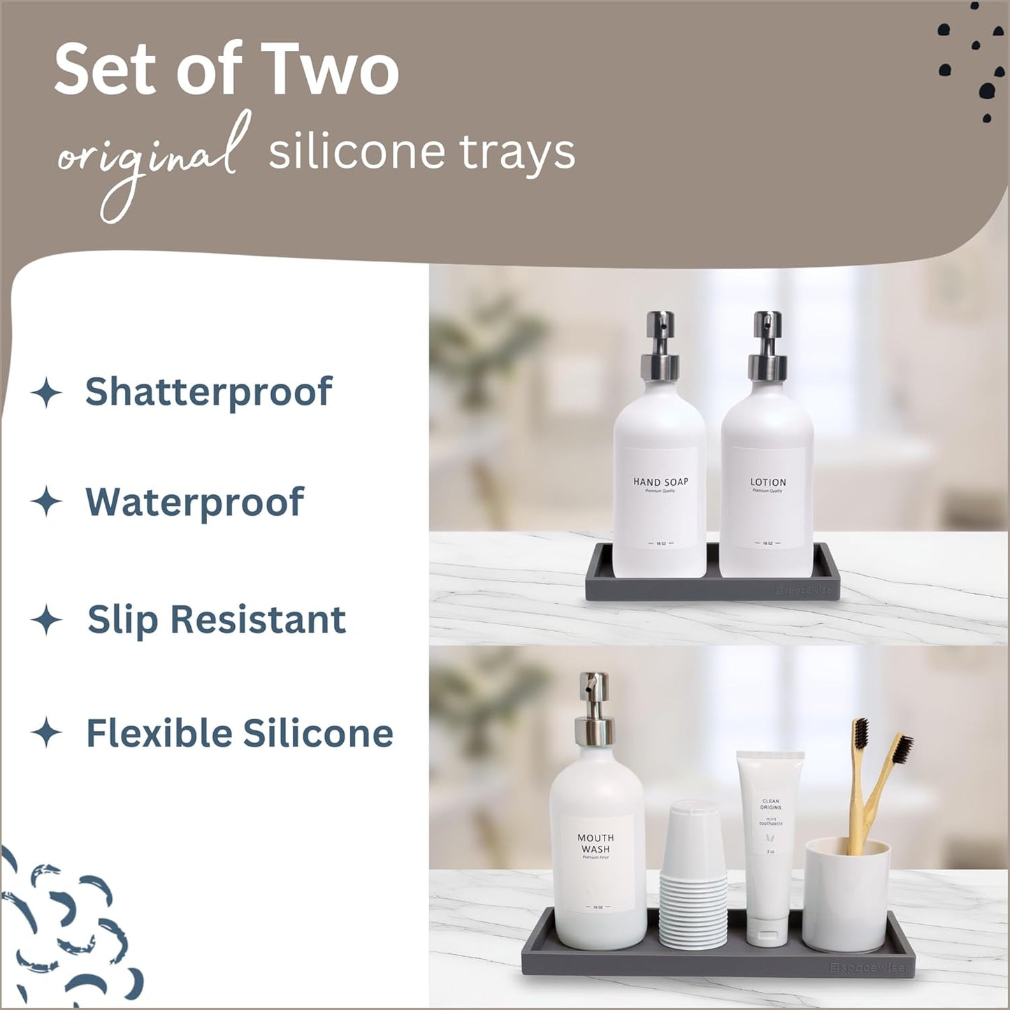 Countertop and Vanity Tray - 2 PC (11” and 7”) Shatterproof Silicone Kitchen and Bathroom Trays for Counter, Kitchen Soap Dispenser Tray, Vanity Trays for Bathroom, Perfume Key Tray