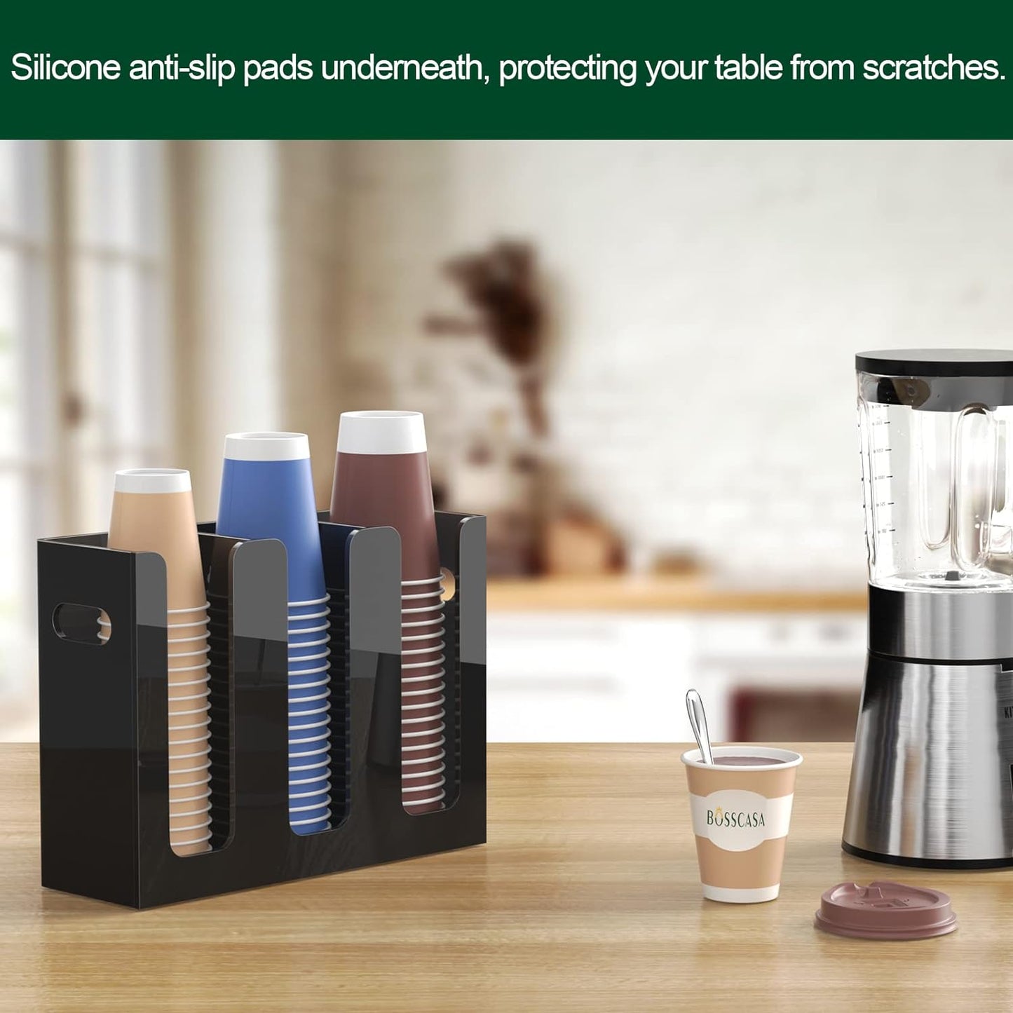 Disposable Coffee Cup Dispenser with Handles, Countertop or Wall Mount Hot/Cold Drink Cup and Lid Holder - Bathroom/Kitchen/Office Acrylic Cup Lid Storage Organizer (3 Compartments, Black)