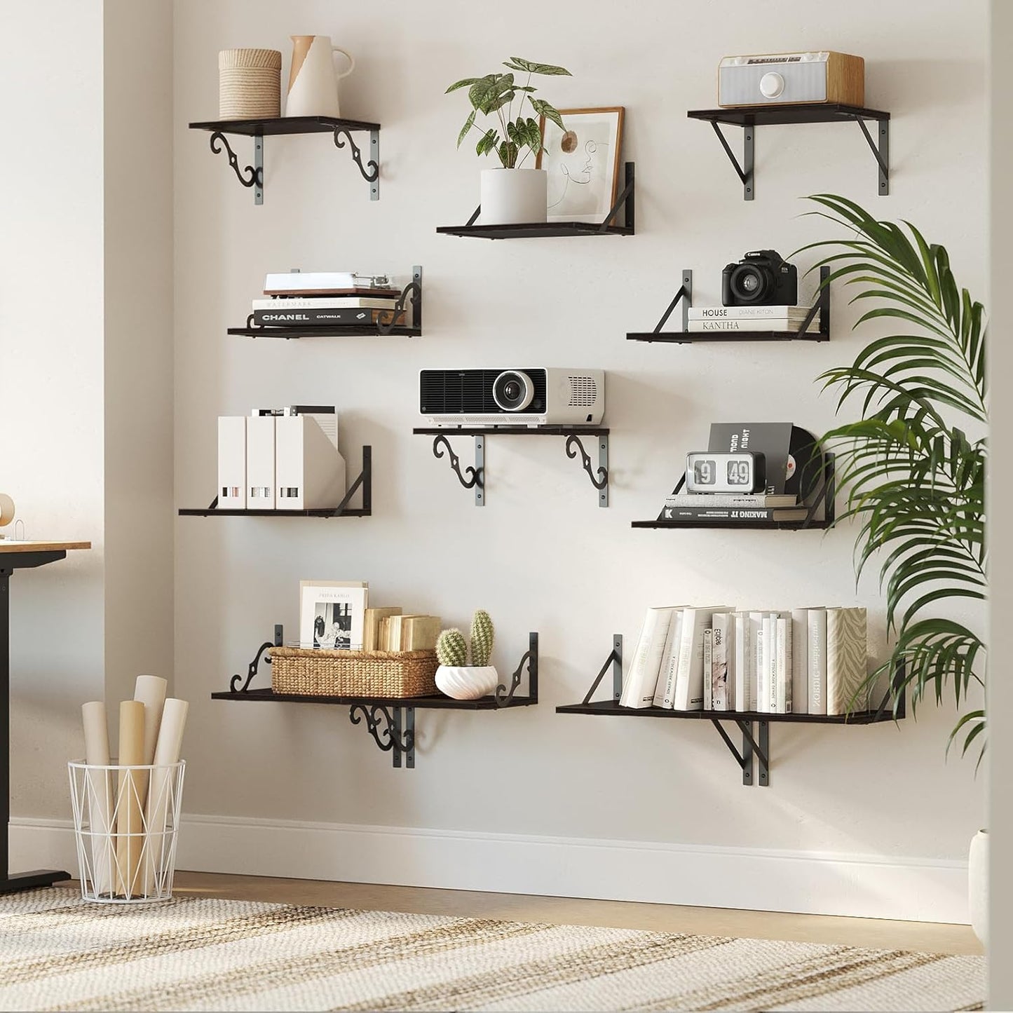 DINZI LVJ Deep Floating Shelves, 16" W x 12" D Wall Shelves Set of 2, Wide Display Shelf Mounted with Brackets, Easy-to-Install Wall Bookshelf for Living Room, Bathroom, Bedroom, Espresso