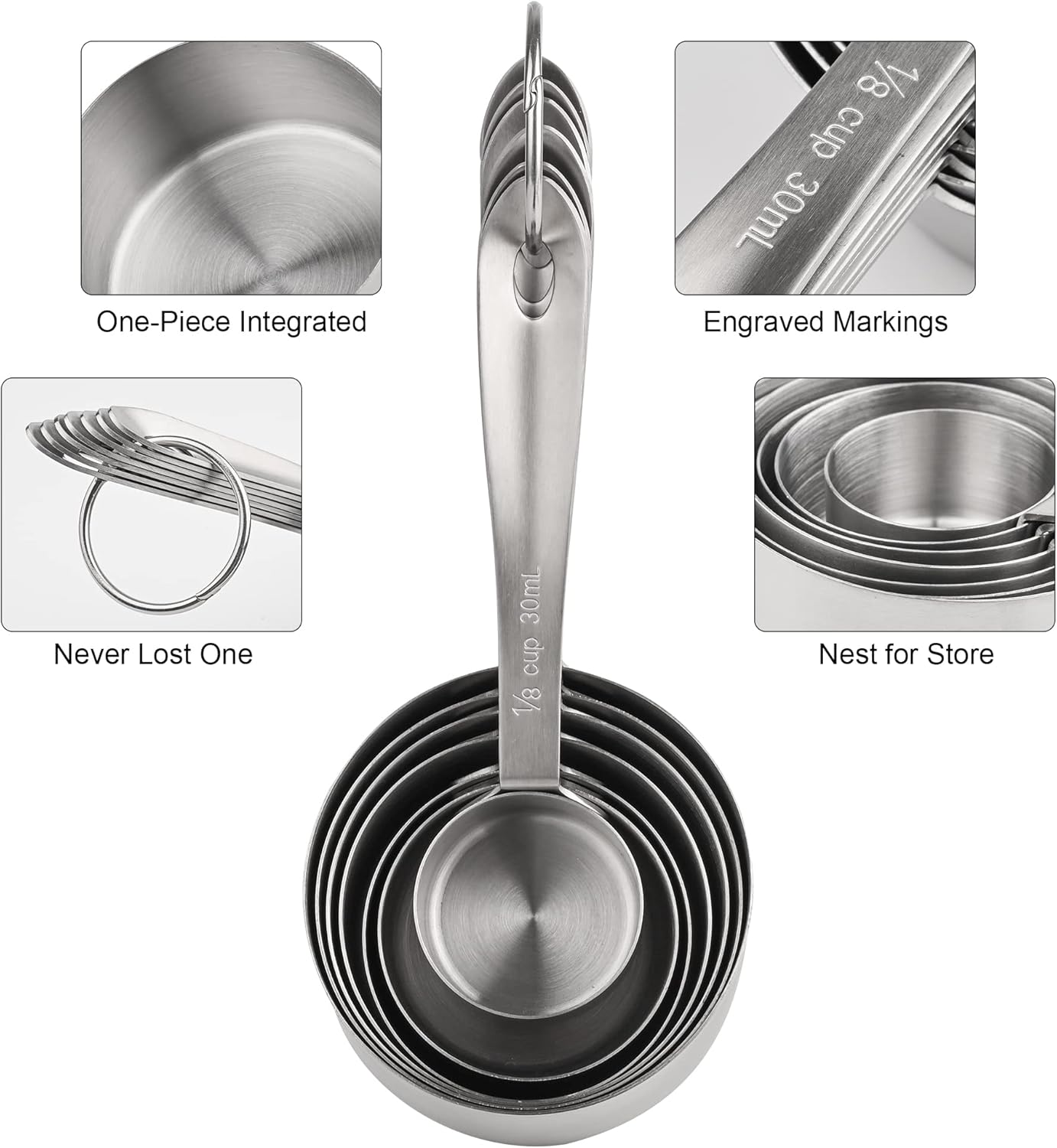 Stainless Steel Measuring Cups - 7 Piece Set, Metric & US, Includes 2/3 & 3/4 Measure Cups