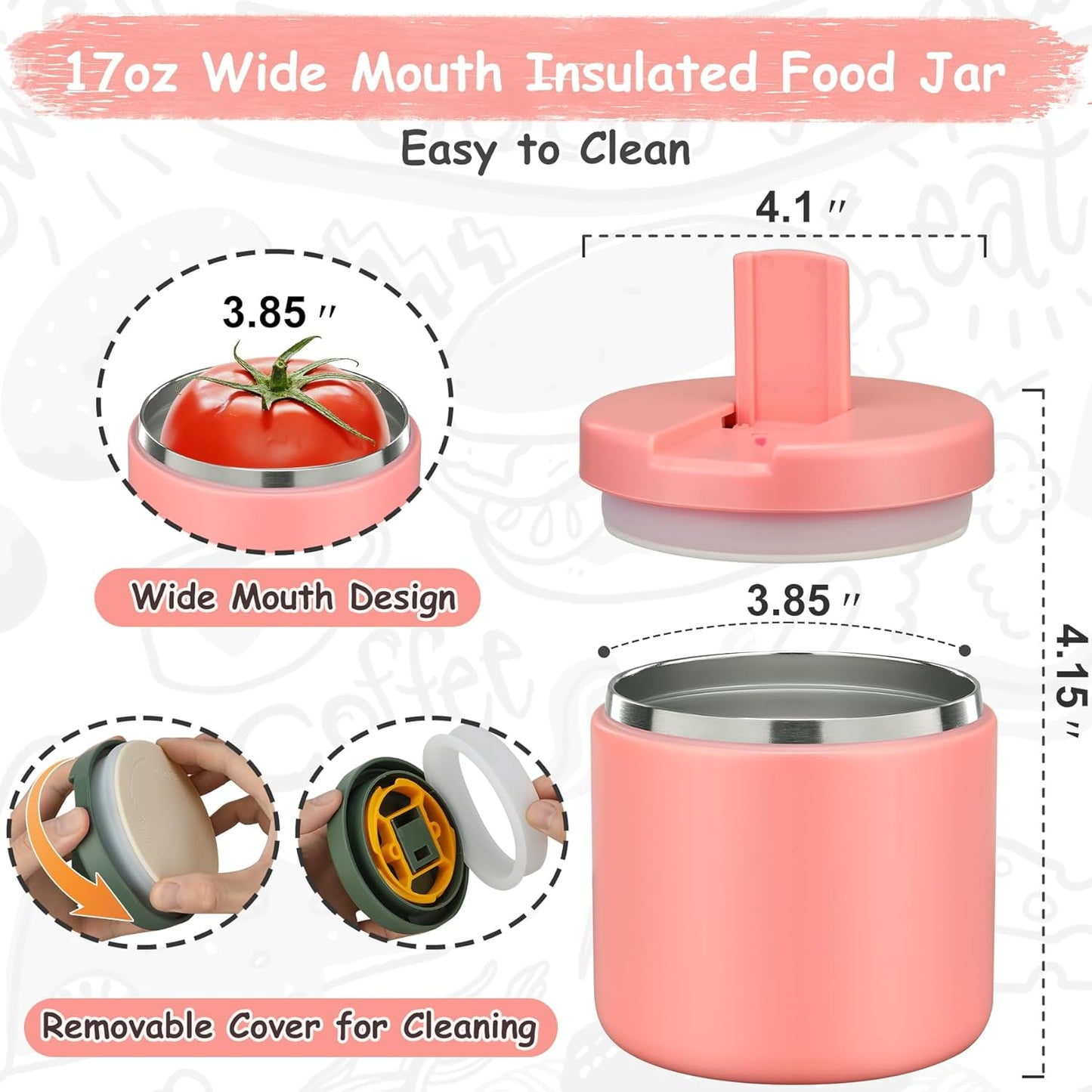 19oz Insulated Vacuum Food Jar with Buckle Lid Wide Mouth Soup Thermo for Hot Food Kids Leakproof Stainless Steel Lunch Container- Pink-1Pack