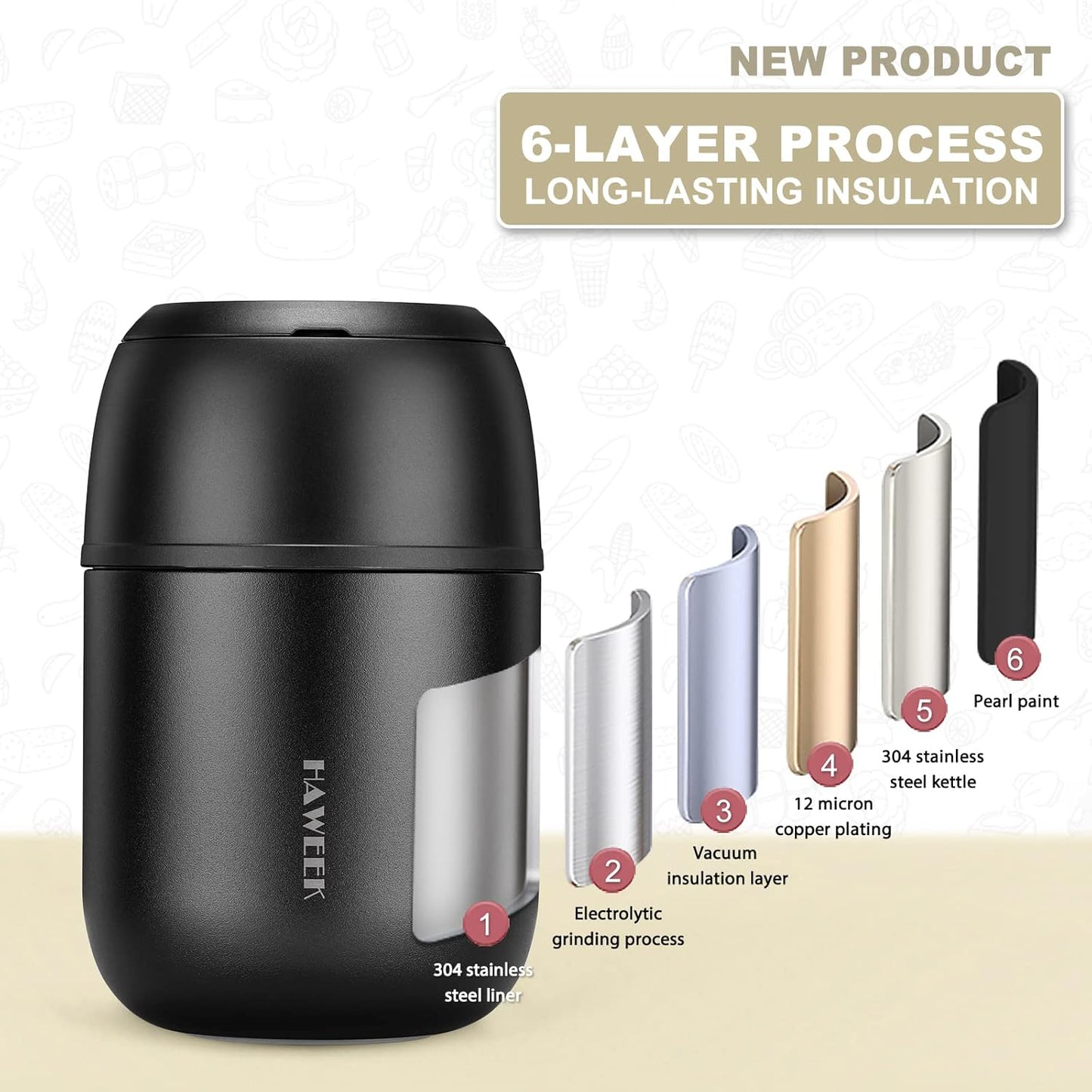 Insulated Food Container 17 oz Soup Thermo for Hot Food Kids Adults, Stainless Steel Vacuum Lunch Box with Folding Spoon, Adult Kids Thermo Portable with Handle for School, Office, Outdoor