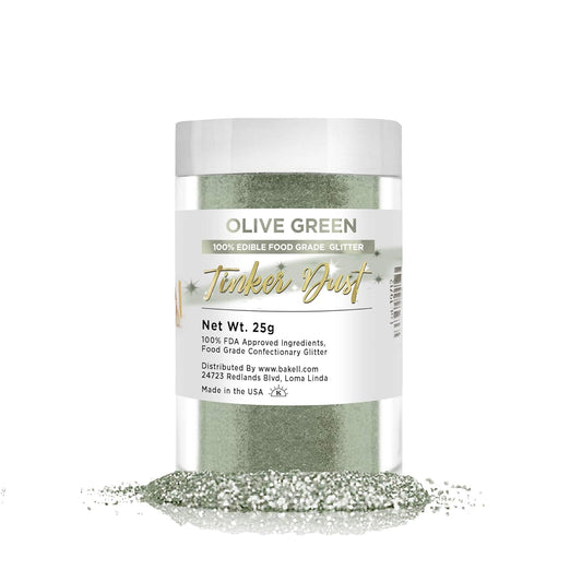 BAKELL Olive Green Edible Glitter, 25 Grams | TINKER DUST Edible Glitter | KOSHER Certified | 100% Edible Glitter | Cakes, Cupcakes, Cake Pops, Drinks, Dessert Vegan Glitter & Dusts (25g, Olive Green)