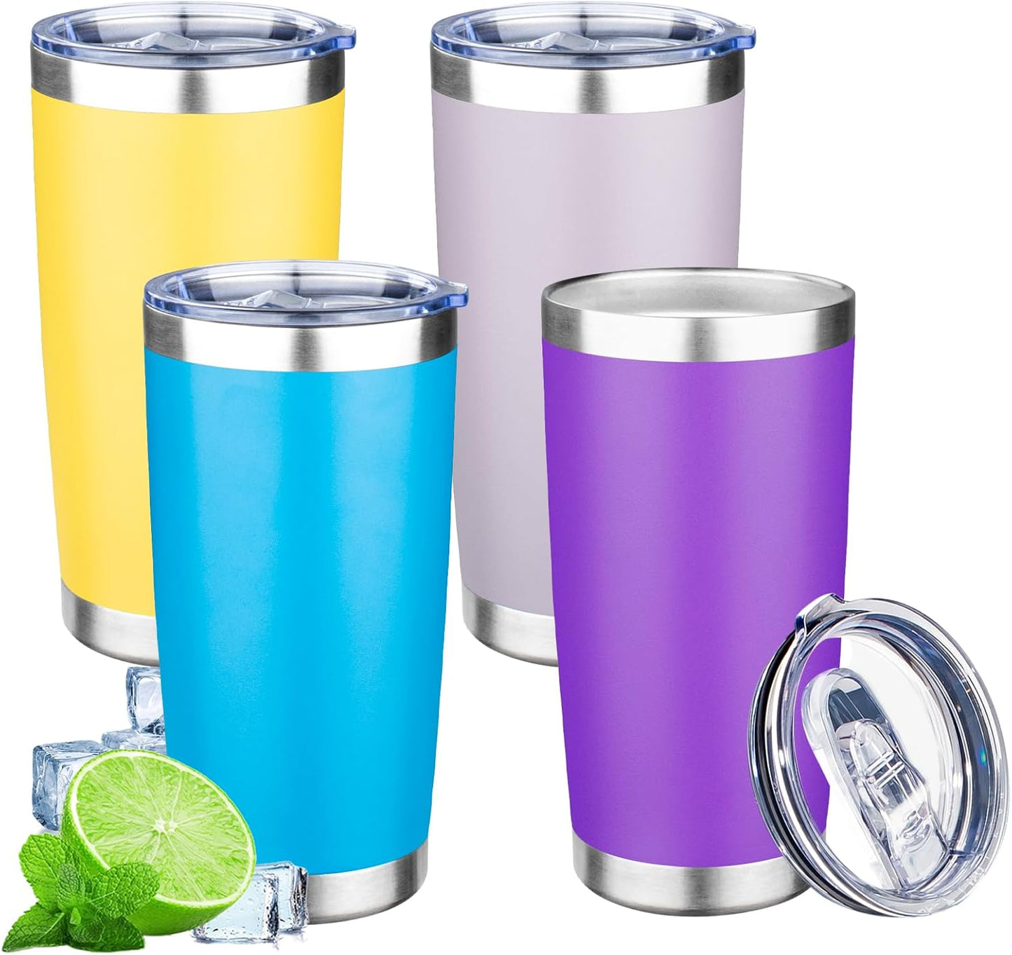 20oz Tumbler with Lid Double Wall Vacuum Insulated Travel Coffee Mug Stainless Steel Thermal Cup Powder Coated Sturdy Coffee Tumbler Bulk for Hot and Cold Beverages(Purple-Blue-Lavender-Yellow,4)
