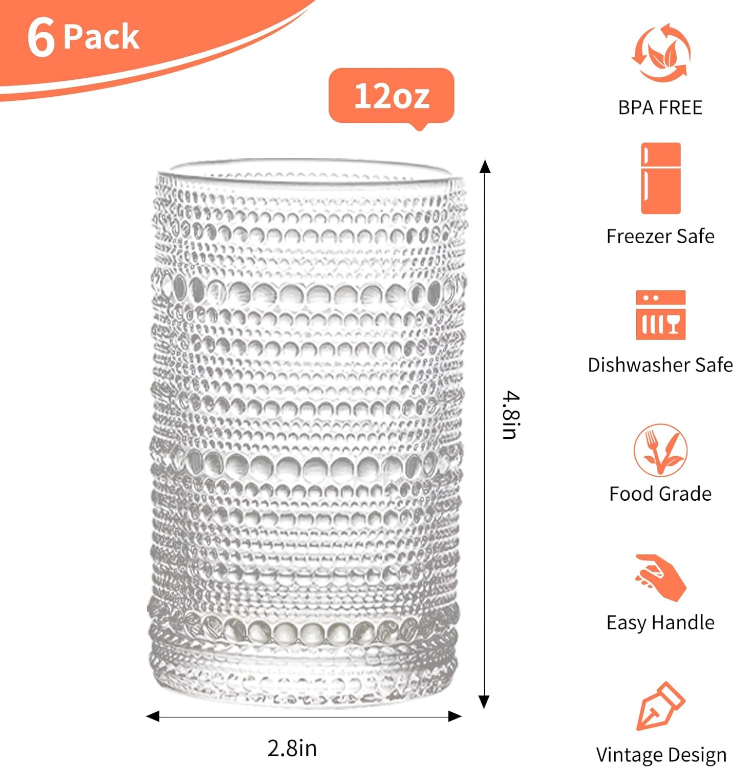 Hobnail Drinking Glasses，12 oz Glasses Drinking Set of 6，Vintage Glassware，Whiskey/Cocktail/Juice/Beer/Water/Kitchen Glasses for Bar Tumbler Glassware，Vasos De Vidrio Glass Cups Set for Mixed Drinks