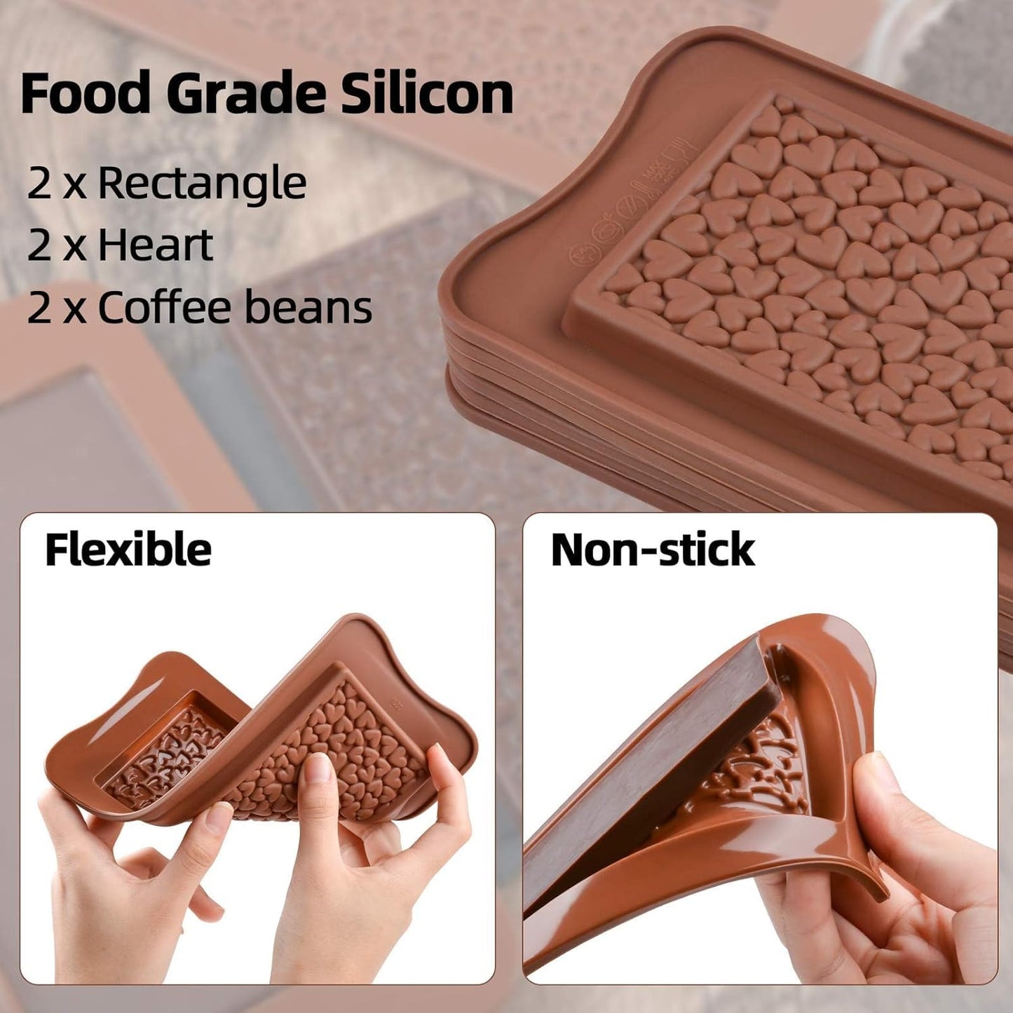 Chocolate Bar Molds - Silicone, Non-Stick, Pistachio & Milk Chocolate - 2 of Each - Set of 6