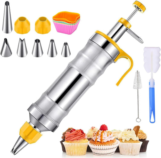 19-Piece Cake Decorating Kit with 6 Stainless Steel Piping Tips, Reusable Frosting Gun, Icing Bags & Tools for Cakes, Cupcakes, Cookies, Bread – Professional Baking Supplies for Beginners & Experts