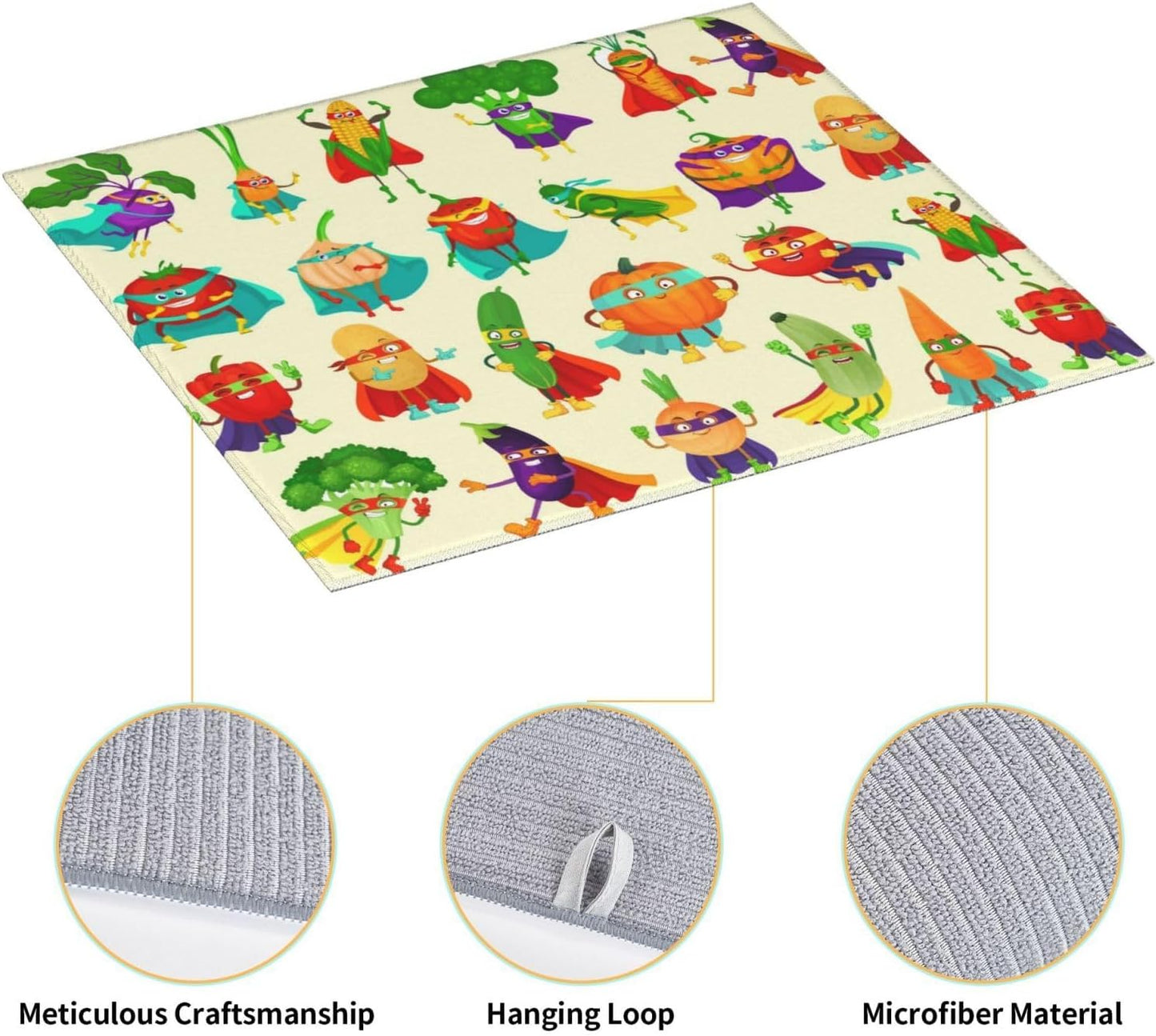 Vegetable Superhero Cartoon Dish Drying Mats for Kitchen Counter, Absorbent Microfiber Cute Drying Pad for Dishes, Decorative Kids Kitchen Mat for Sink, Dishes Utensils, Dining Area, 16" x 18"