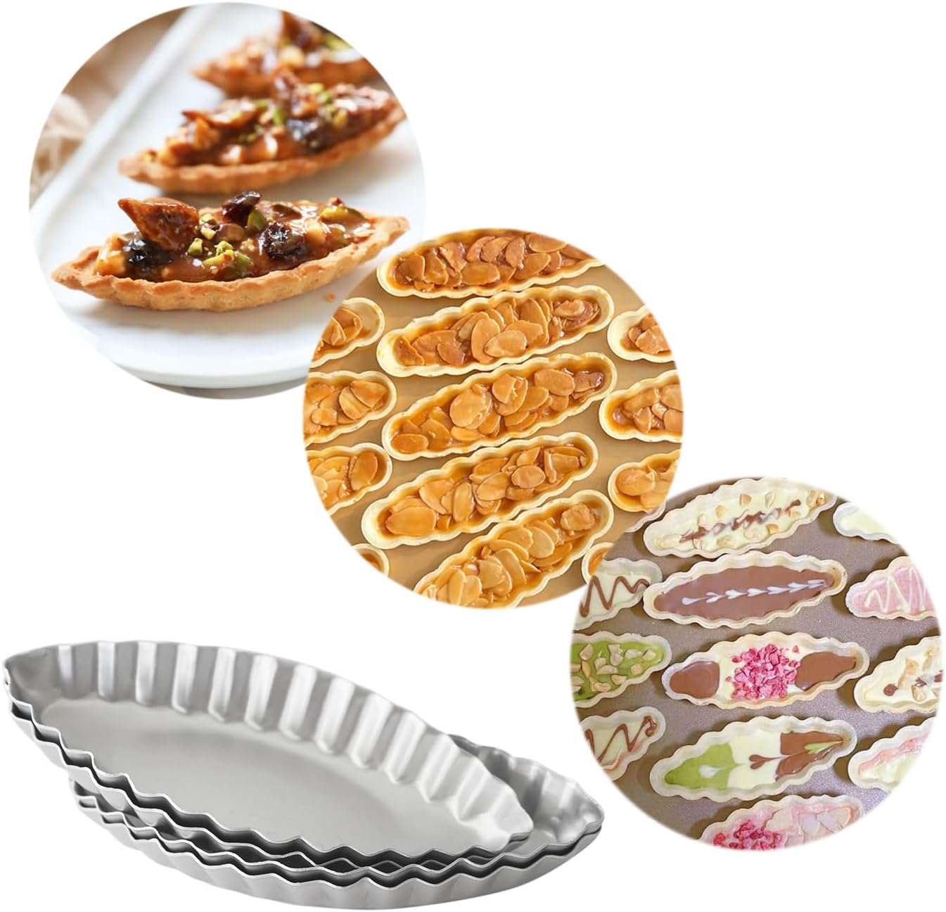 10PCS Egg Tart Pan Boat Shape, Aluminum Small Fluted Oval Tart Mold, Boat Molder for Baking Wavy Tartlet, Fruit Tats, Quiches - Silver