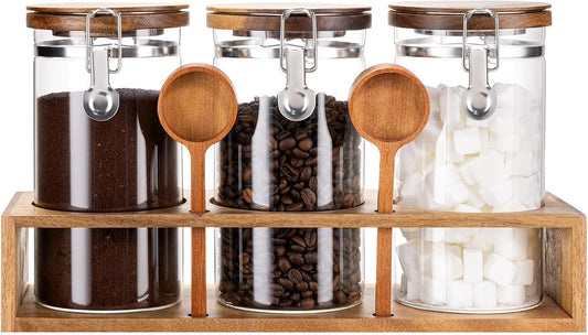 Yangbaga Glass Sugar Coffee Canister with Shelf, 3 x 45OZ Coffee Bean Containers Storage Station Organizer with Airtight Locking Clamp and Log Coffee Scoop, Food Storage Canisters Sets for Kitchen