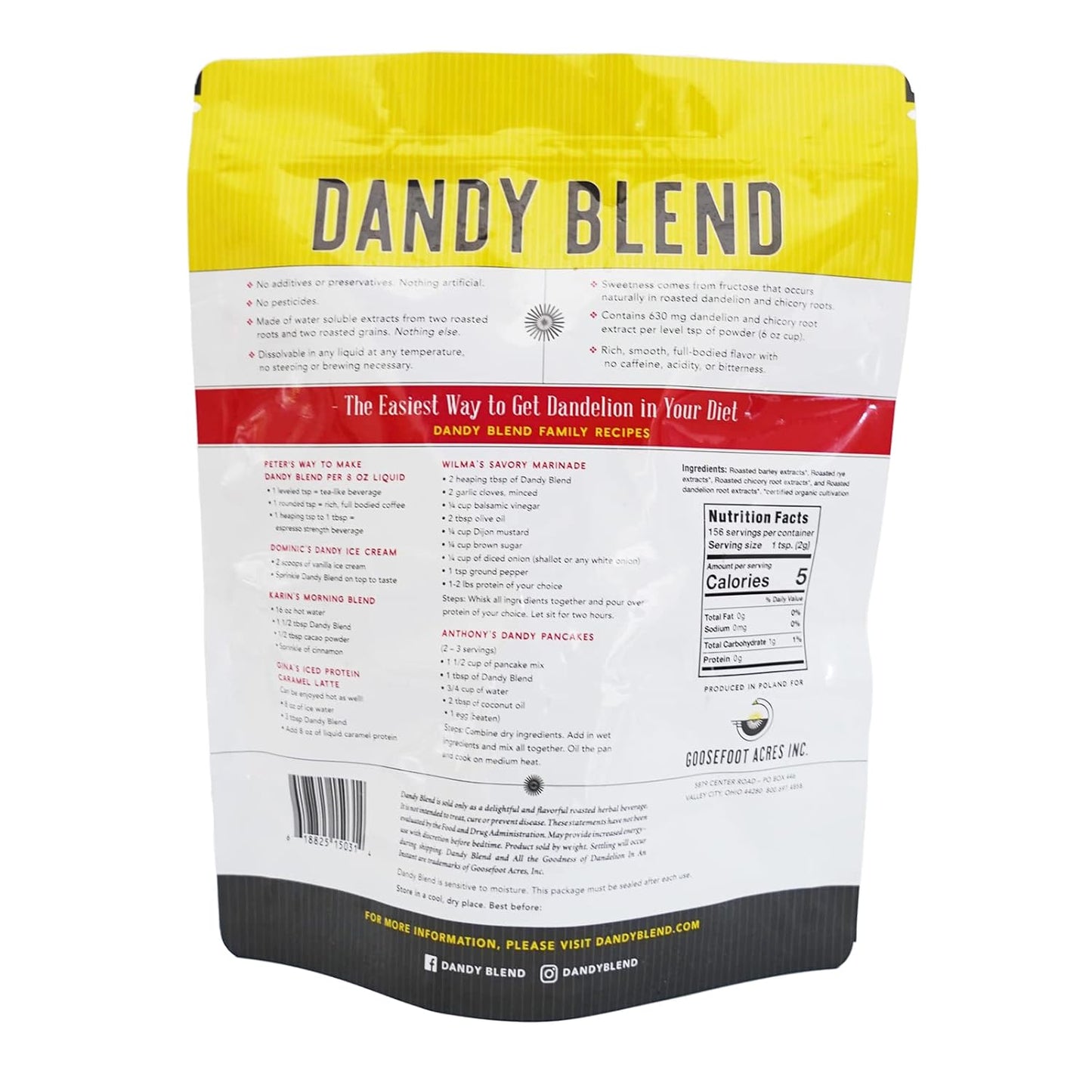 156 Cup Bag of Certified Organic Dandy Blend Instant Herbal Beverage with Dandelion, 11 oz. (312g) Bag