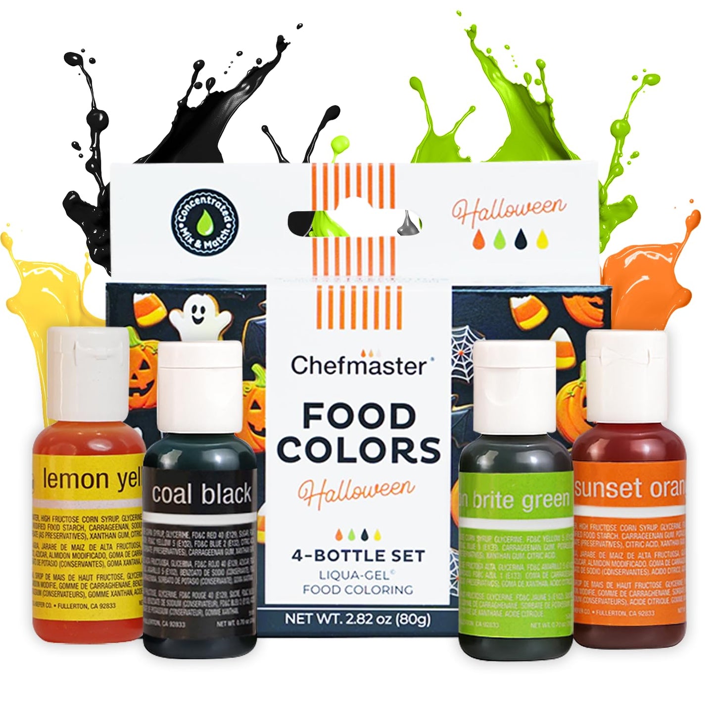 Chefmaster - Halloween Colors Liqua-Gel Food Coloring Kit - Water-Based Food Coloring Gel - 4 Pack - Highly Pigmented, Create Vividly Colored Desserts, Easy-To-Blend Formula - Made in the USA