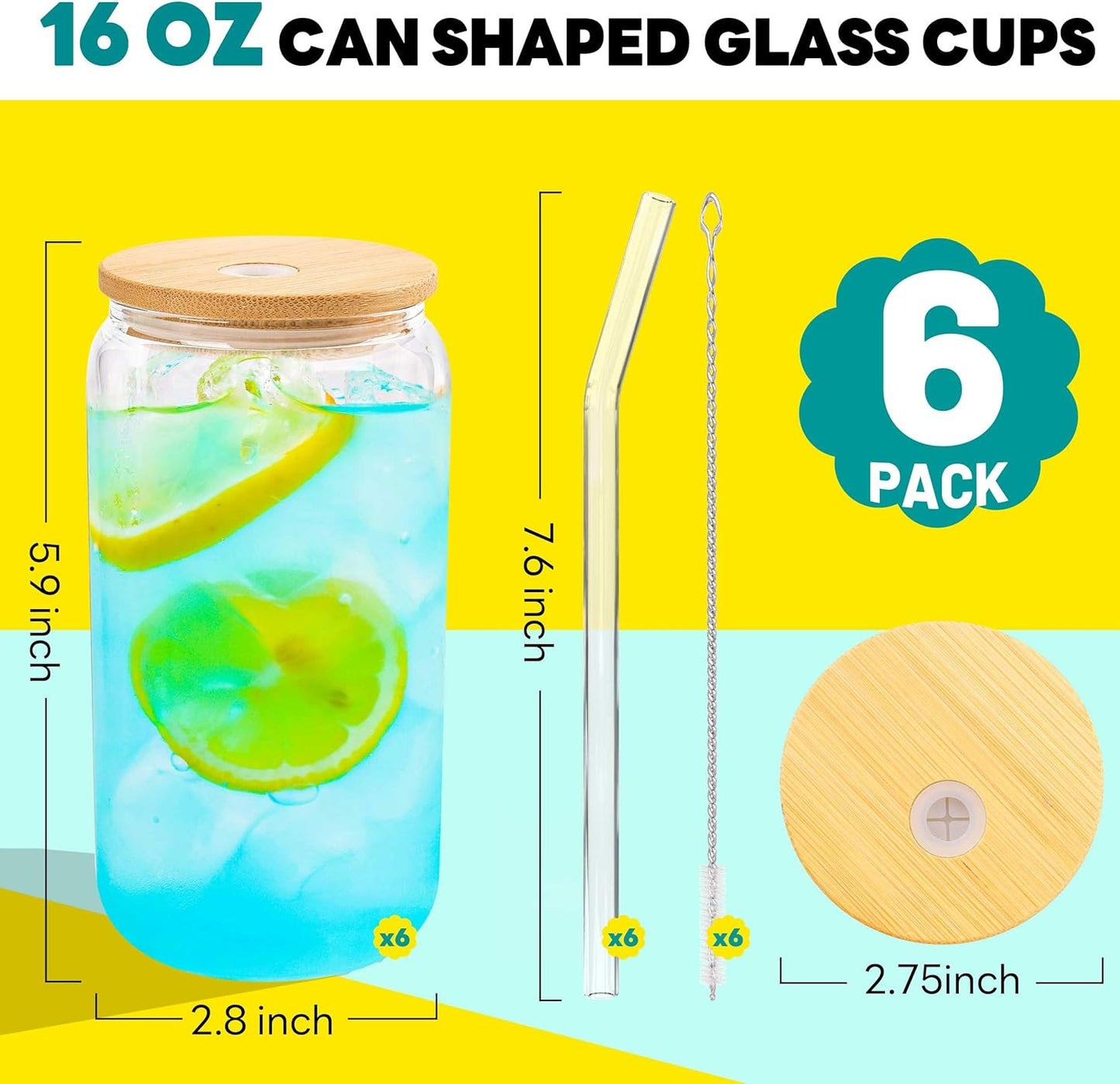 Joyclub Glass Cups with Bamboo Lids and Straws 6 Set 16 oz Reusable Iced Coffee Cup Beer Can Drinking Jars for Smoothie Whiskey Boba Soda Tea Gift