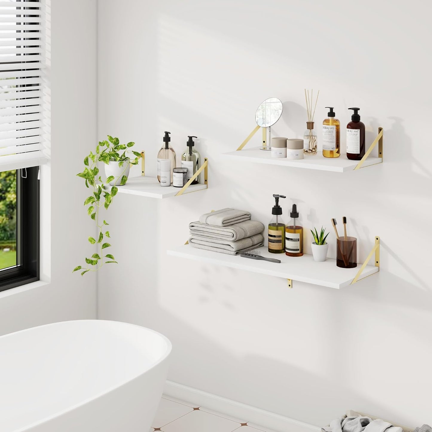 Dreamland White and Gold Shelves,36 inch Shelf, Large Floating Shelf 12 inch Deep Set of 2 for Bookshelf Living Room Bedroom Home Office Bathroom