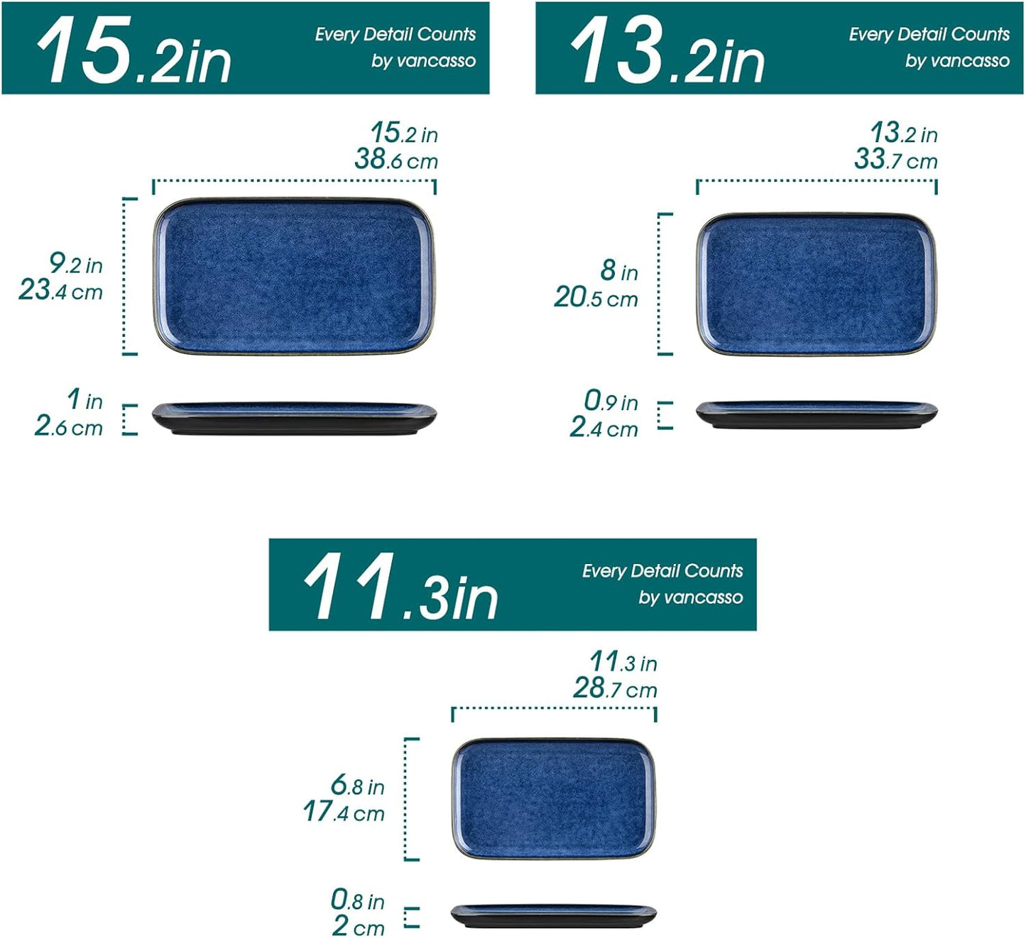 vancasso Stern Serving Platters Set of 3, 15/13/ 11 Inches Rectangular Serving Plates, Blue Serving Trays for Entertaining, Party