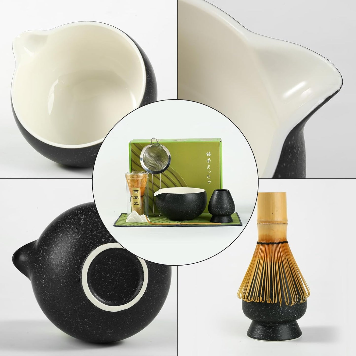 Matcha Whisk Set, Ceramic Matcha Set with Spout, Matcha Bowl Kit with Sifter, Whisk and Holder, Bamboo Scoop, Scoop Rest, Tea Towel, 7 Pcs Matcha Kit Set for Making Breakfast/Latte for Matcha Lovers