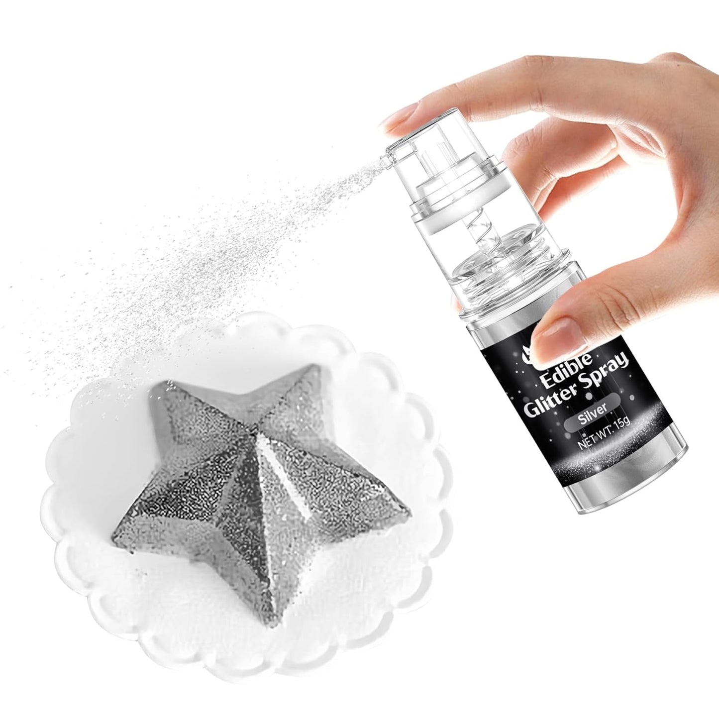 Silver Edible Glitter Spray - 15g Edible Silver Glitter for Cakes Food Grade Metallic Shimmer Powder Cake Spray for Cookie Decorating Chocolate Strawberry