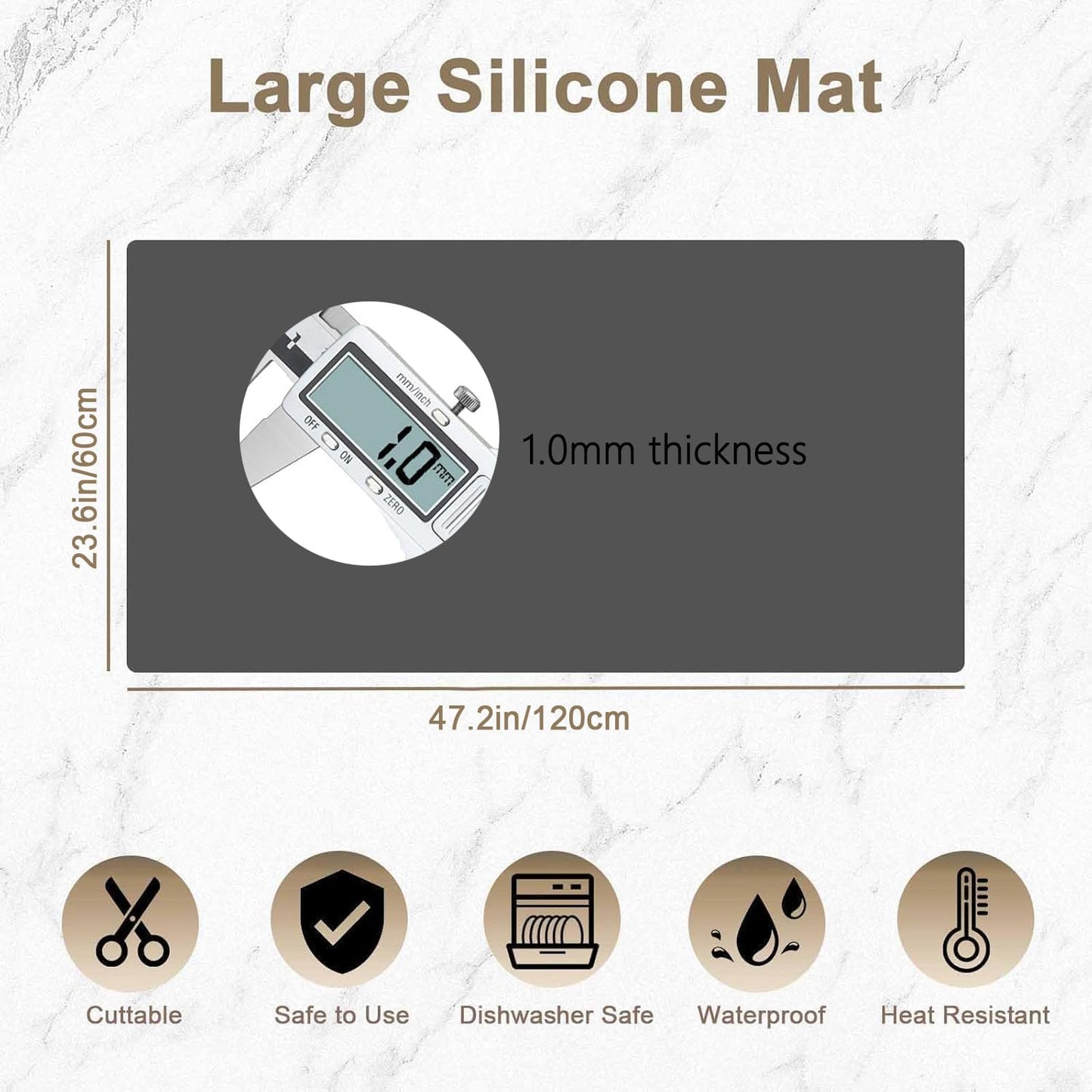 47.2"x23.6"(120cmx60cm) Large Silicone Mat for Kitchen Counter, Non-Slip Heat Resistant Countertop Protector, Waterproof Multipurpose Mat for Kitchen Island, Light Gray