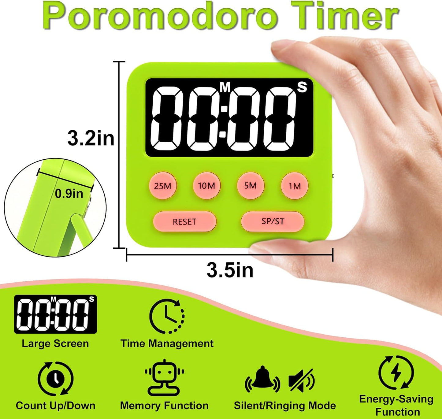 Pomodoro Timer for Kids, Productivity Timer with Loud Alarm, Digital Timers for Classroom, Suitable for ADHD Study Kitchen Work 1Pcs-Green