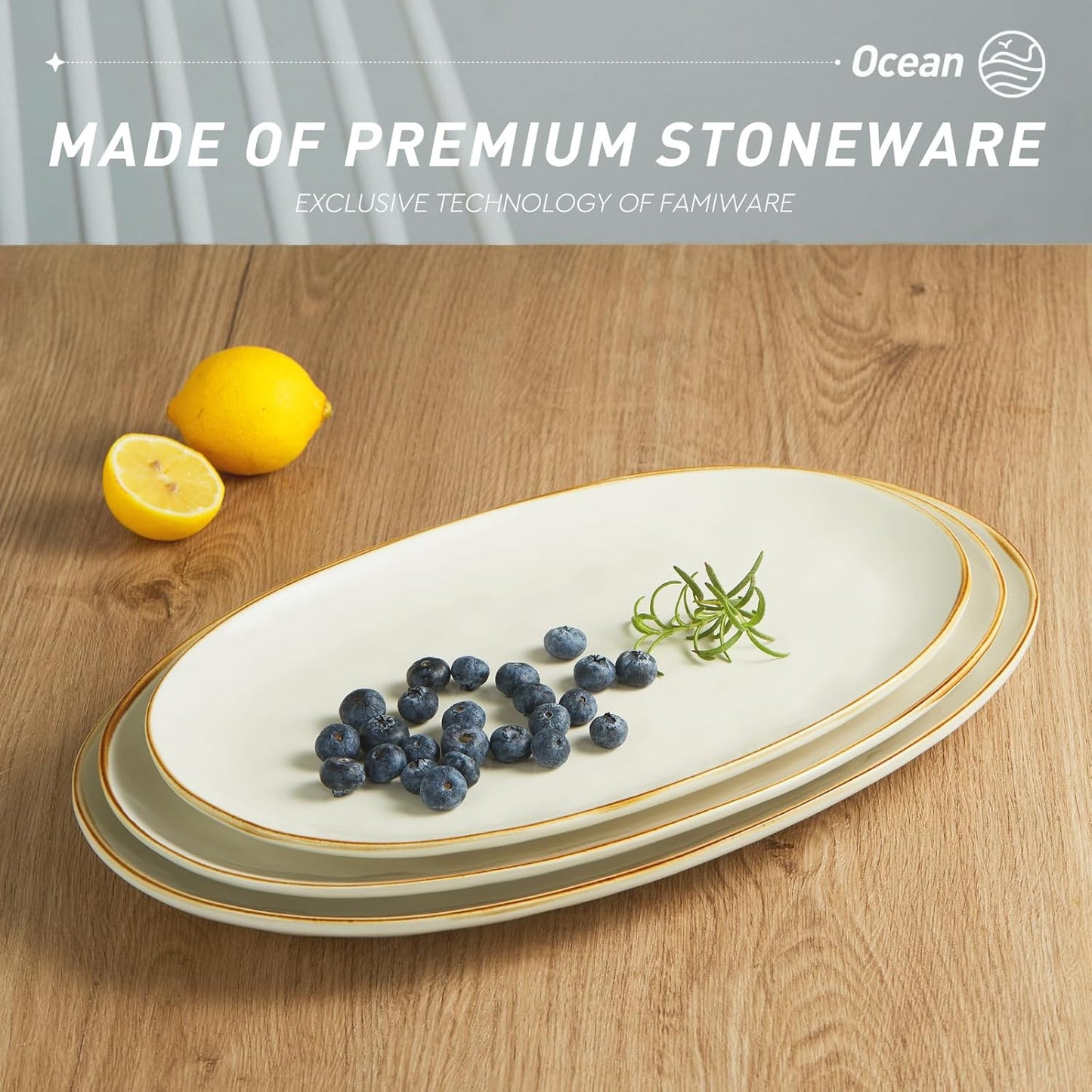 famiware Serving Platter, Oval 15.59/14.3/12.9inch Serving Dishes for Entertaining, Serving Bowls, Microwave Safe, Stoneware Serving Trays for Party, Food, Turkey, Cheese, Ocean Series, Vanilla White
