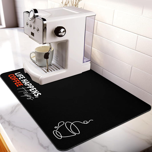 Matace Designer Coffee Bar Mat, Large 16 x 24 Inches, Rubber Backing, Absorbent Coffee Maker Mats for Dish Drying, Kitchen Countertop, Life Happens Coffee Helps, Black