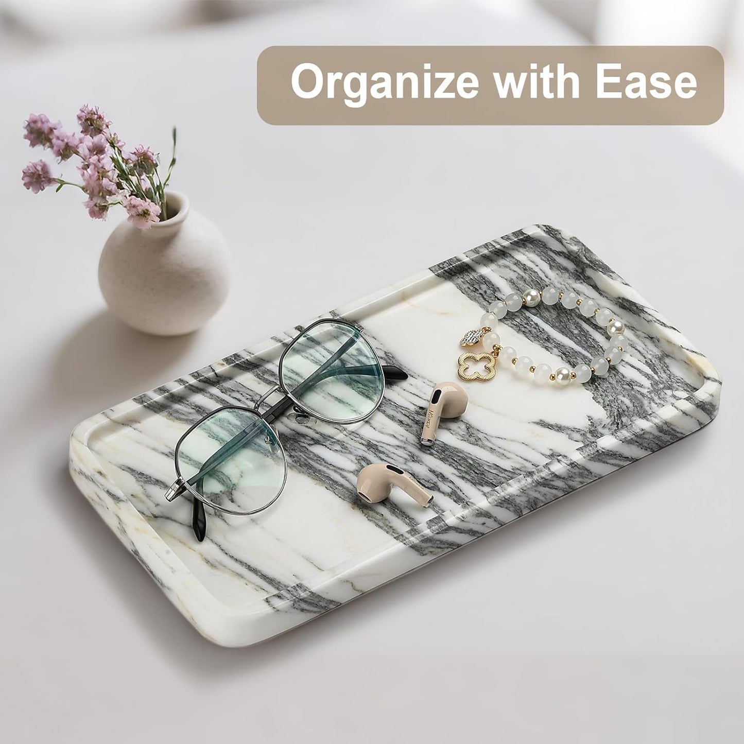 Natural Marble Vanity Tray - Moujings Genuine Marble Perfume Tray for Bathroom Decor, Stone Bathroom Vanity Organizer Tray for Kitchen Counter, Candles, Jewelry, Coffee, Makeup, Key